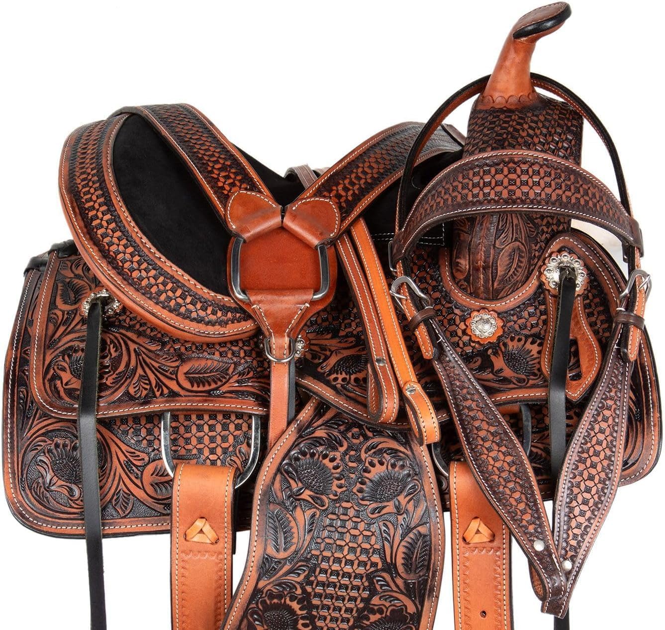 ADB CREATIONS Western Leather Horse Saddle Racing Seat Tack Set, Hand Tooled Floral Design, Premium Genuine Leather, Padded Comfort Seat, Sizes 10" 11" 12" 14" 15" 16" 17" 18" for Youth & Adult Riding