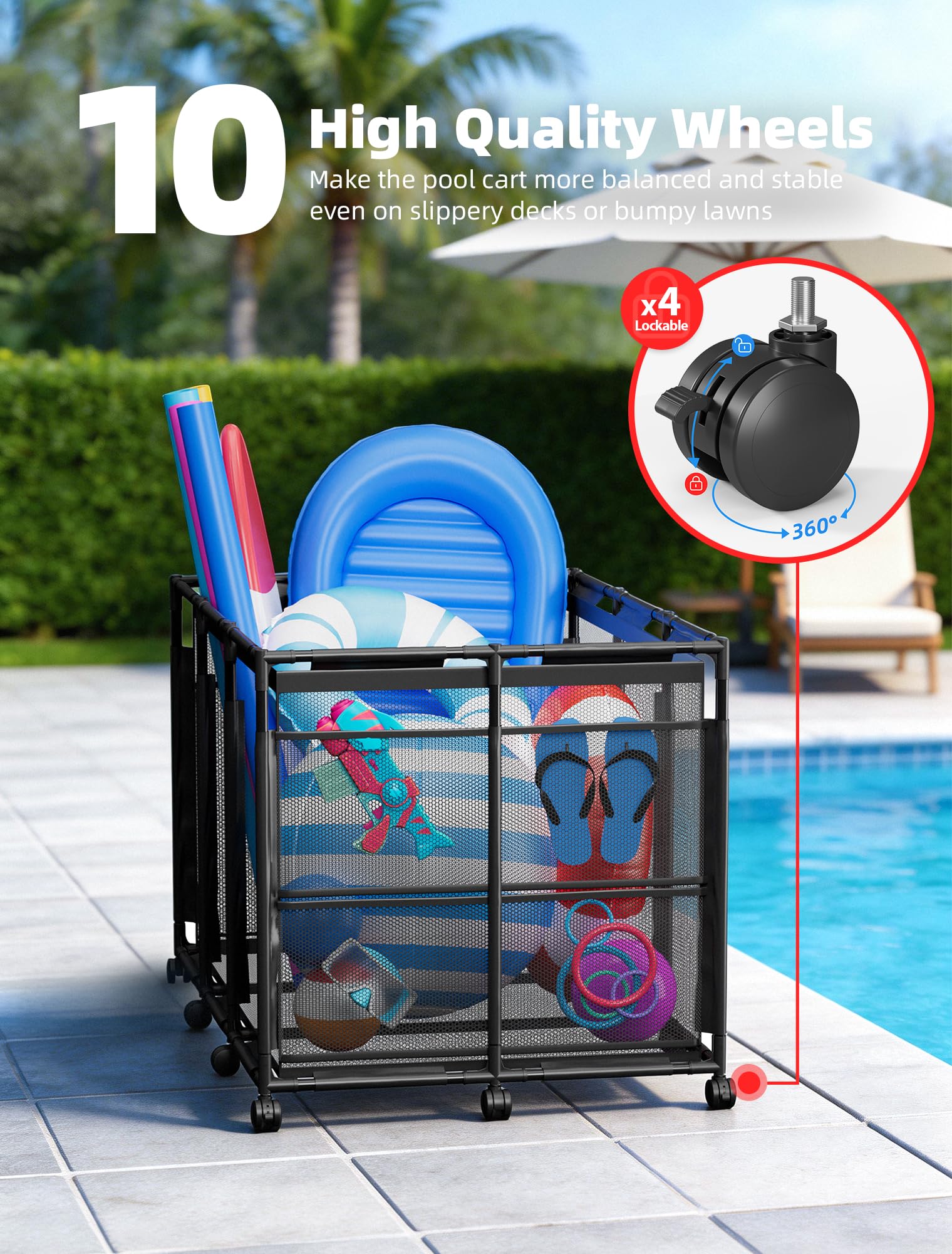 Contenitore galleggiante per piscina, contenitore per noodles, occhiali, galleggianti e palline, grande organizer per giocattoli da piscina all'aperto con ruote per accessori da nuoto, nero