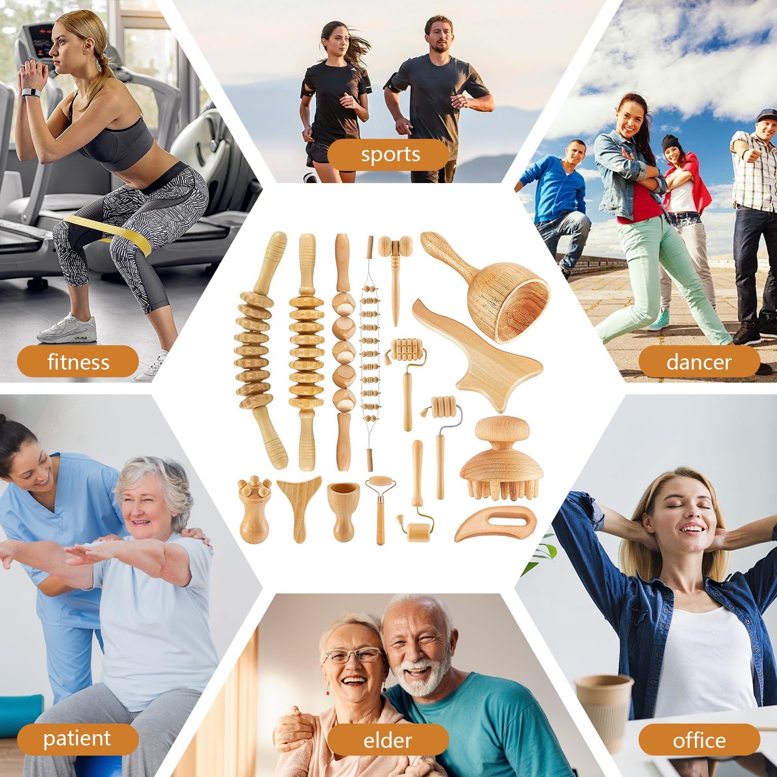 Ensemble de massage en bois de 16 pièces, avec drainage lymphatique, masseur cellulite, planche Gua Sha et rouleaux en bois pour façonner le corps et soulager les douleurs musculaires