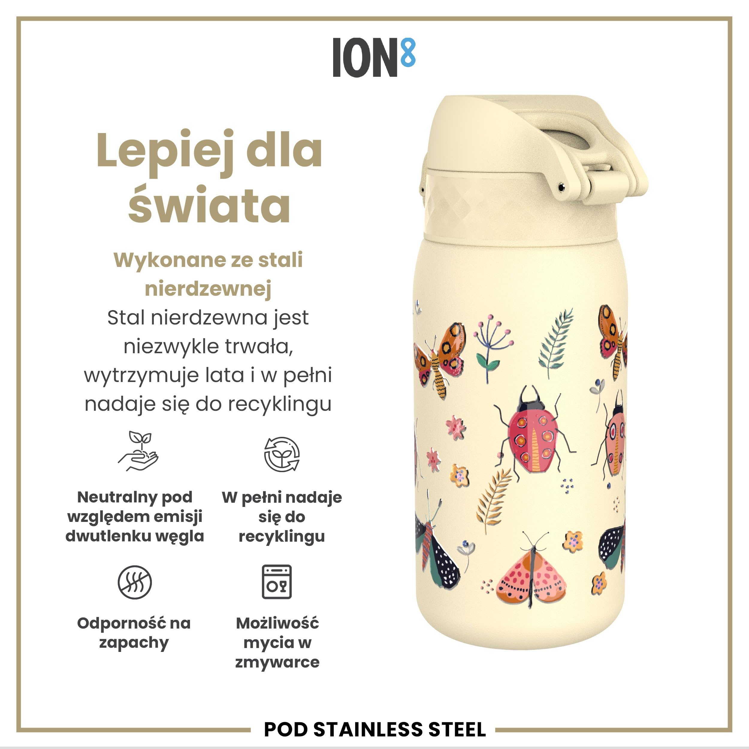 ION8 Butelka na Wodę dla Dzieci ze Lekki Stali, 400 ml/13 oz, Nieocieplany, Szczelna, Łatwa do Otwarcia, Bezpieczny Zamek, Można Myć w Zmywarce, Składany Uchwyt, Łatwa w Czyszczeniu, Owady I Życie