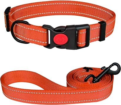 Reflective Dog Collar and Leash Set with Safety Locking Buckle Nylon Pet Collars Adjustable for Small Medium Large Dogs 3 SizesOrange&S