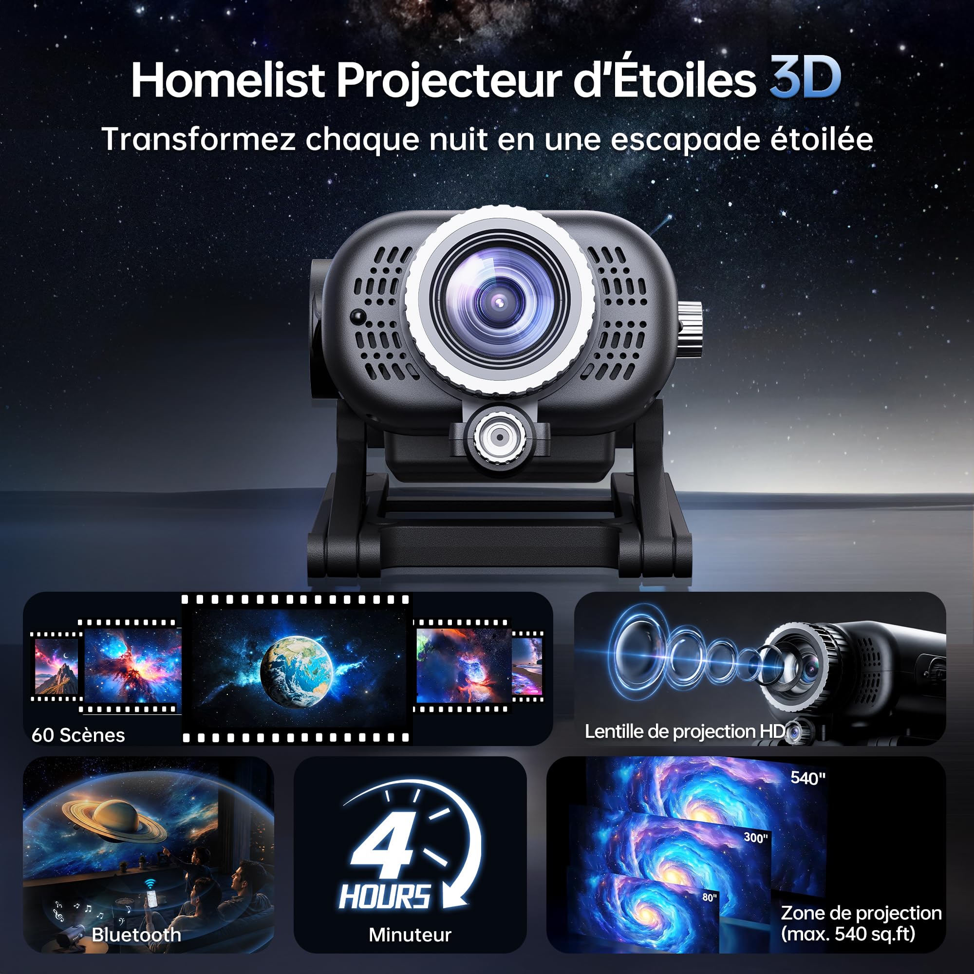 Homelist Projecteur 3D ciel étoilé avec 60 thèmes pour enfants et adultes
