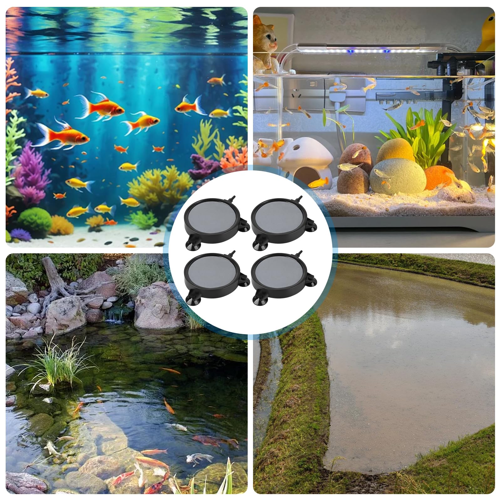 GBKDQQ Lot de 4 pierres à air d'aquarium - 100 mm - Avec 12 ventouses puissantes - Pierre à gazéifier pour étang - Diffuseur super haut pour oxygène dissous - Laisse de petites bulles