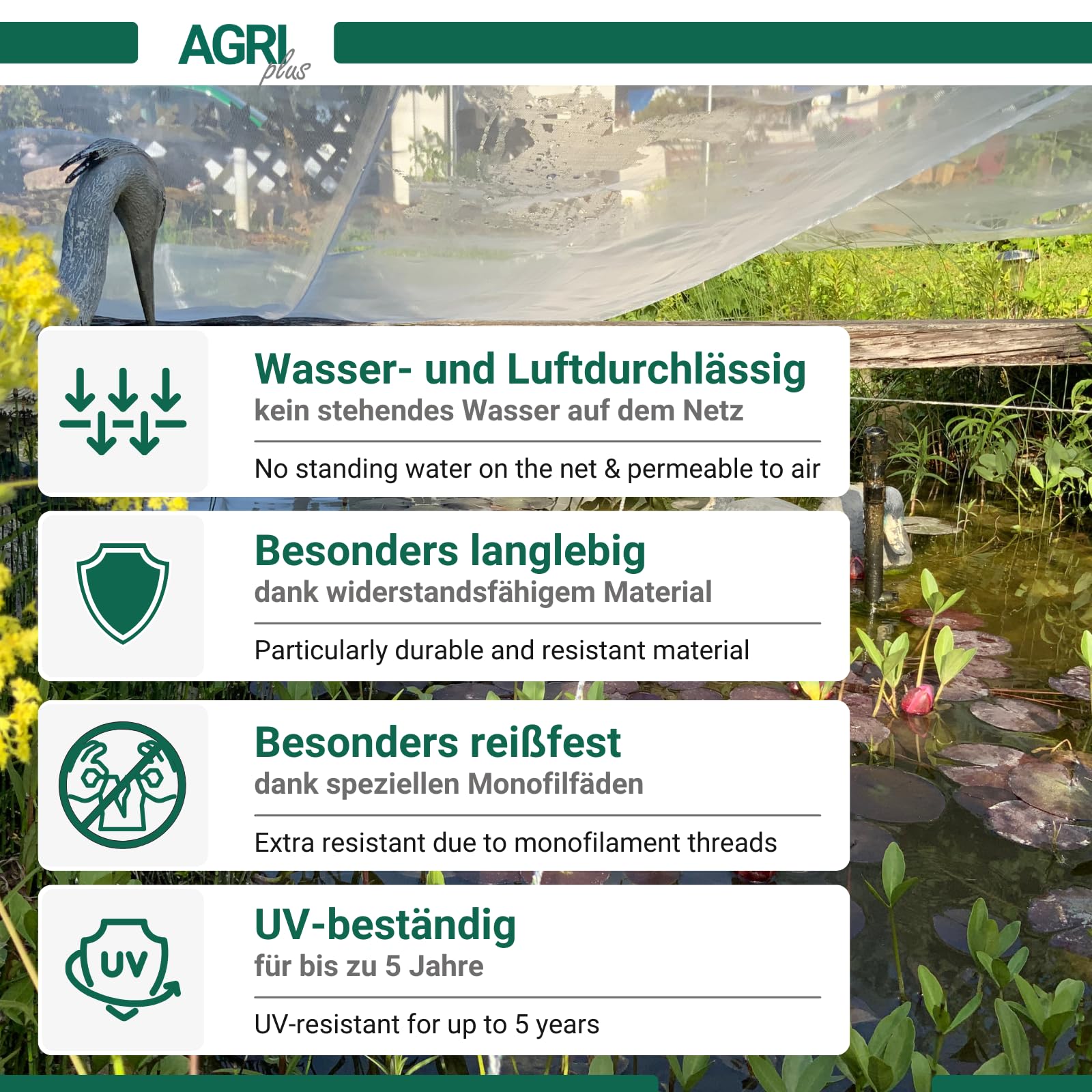 AGRI plus Vijvernet met ogen, 2,5 x 5,0 m, verschillende maten, fijnmazig net, 0,8 x 0,8 mm, vijverbescherming tegen reigers, beschermingsnet met randversterking, afdeknet, uv-bestendig en