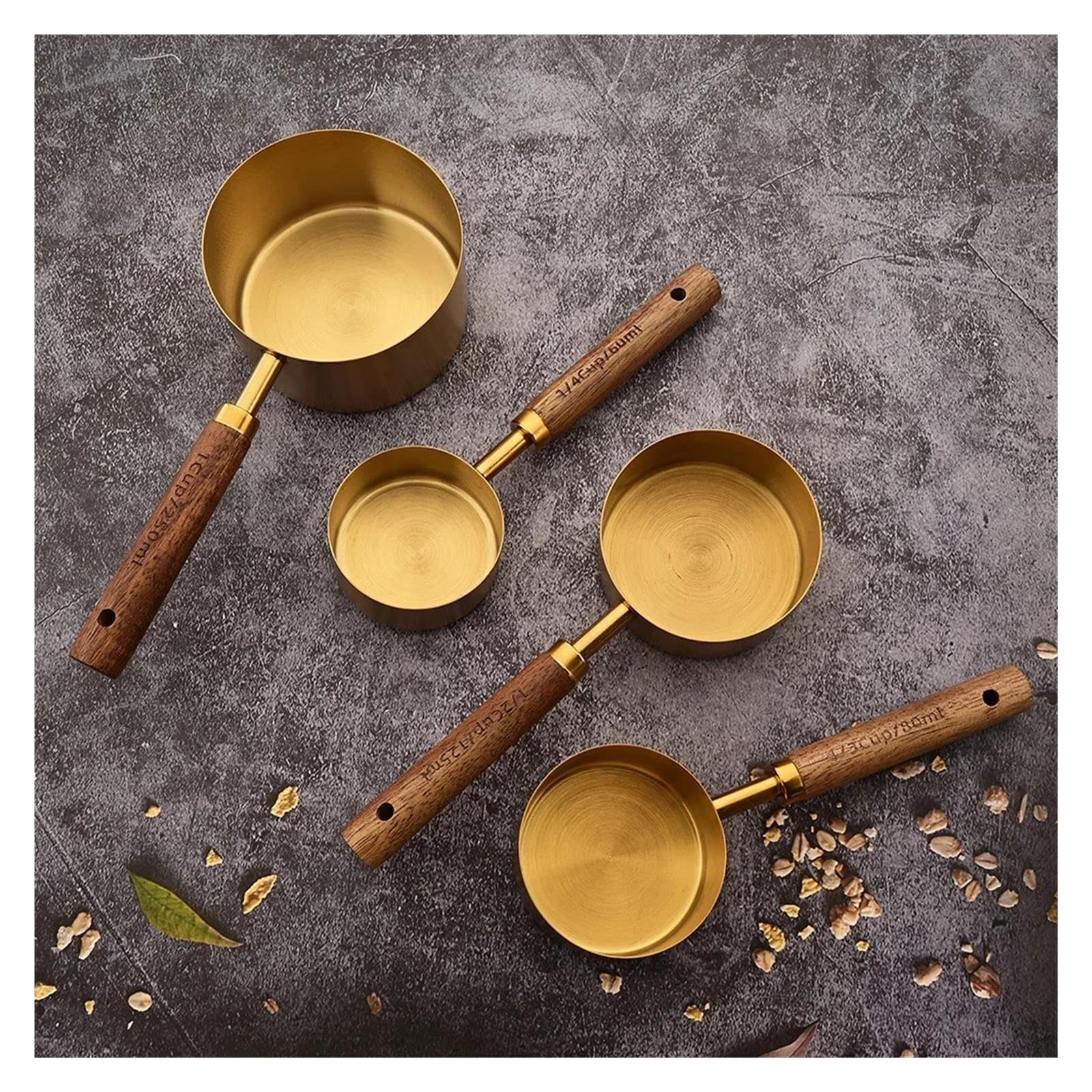 1/4/8Pcs Cucharas y tazas medidoras, mango de madera dorado