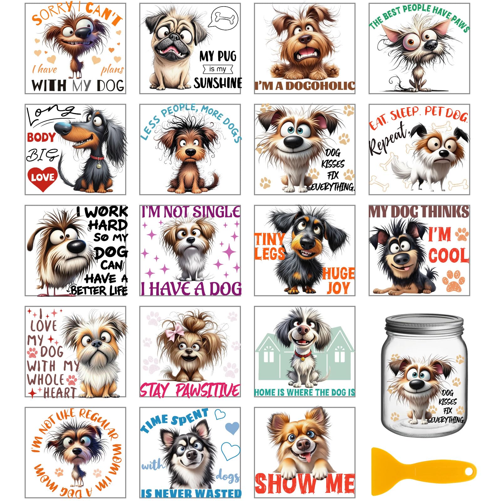 GLOBLELAND 18 Sheets Funny Dog Texts Rub on Transfers Sticker for Crafts 3.9x3.6inch Crazy Animals UV DTF Cup Wraps Decals Stickers Cute Dog Paw Prints Transfer Decal for Glass Bottle Decors