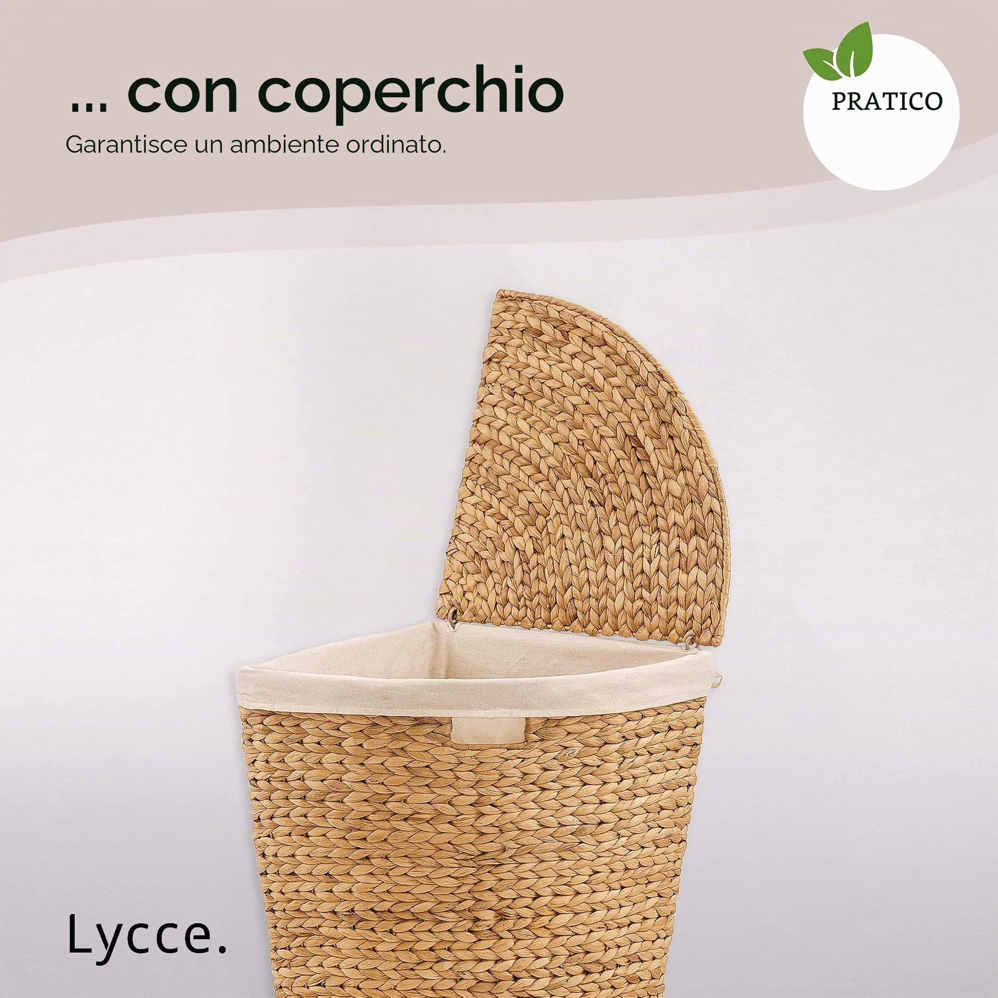 Lycce Cesto portabiancheria con coperchio, 30 l, in giacinto d'acqua, rettangolare, salvaspazio, design naturale, piccolo