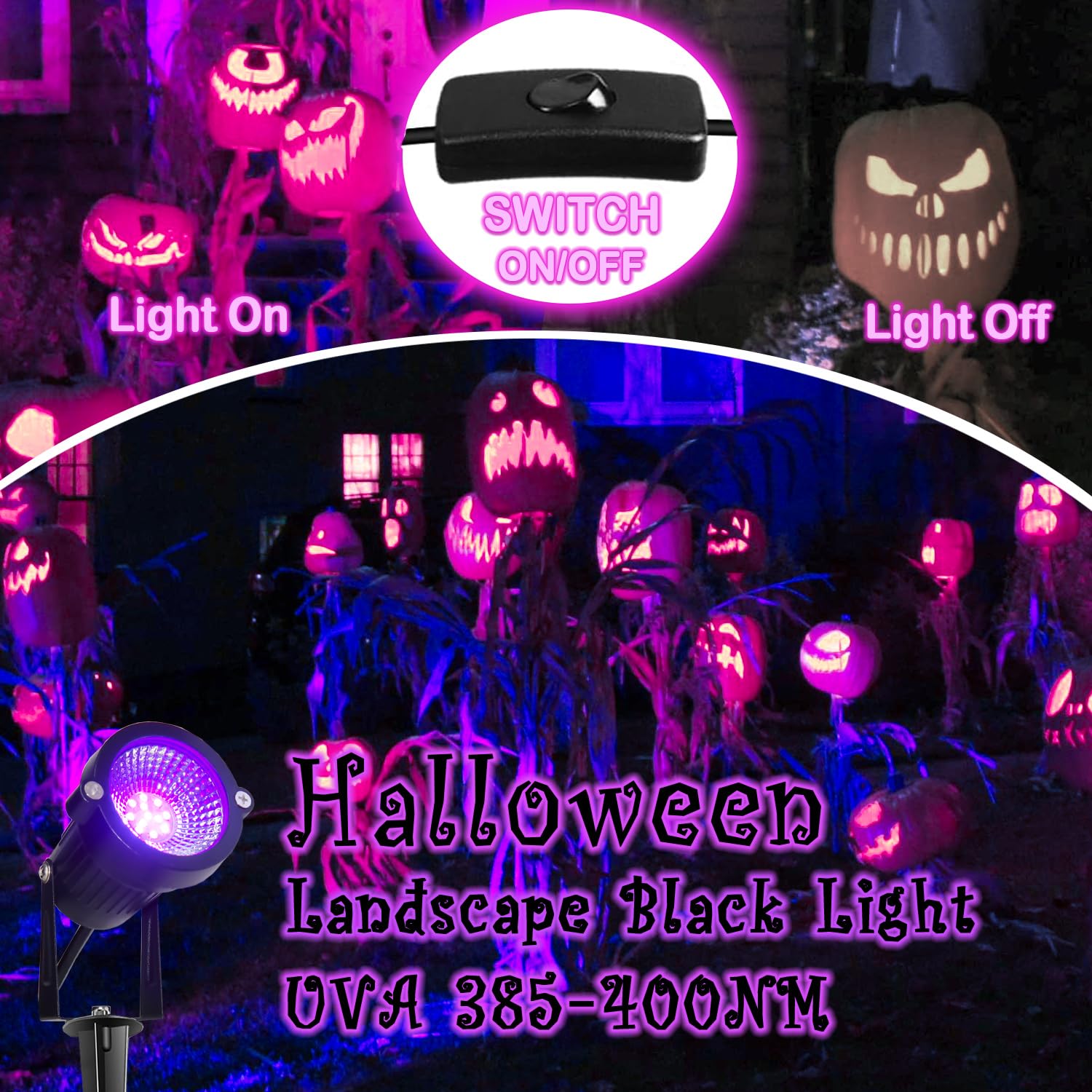 2 Pack Black Lights, Halloween Black Light Spotlight, IP66 Outdoor LED Blacklight Floodlight Landscape Lighting for Halloween, Glow in Dark Party Body Paint Fluorescent Poster Yard Garden Decor