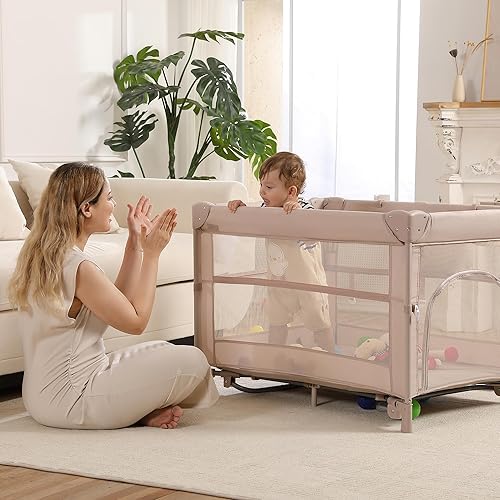 Miniatura 2 de Corral 5 en 1 Pack and Play, Moisés Portátil de Viaje para Bebé, Corral de Juegos Plegable de Viaje para Niños Pequeños, Cuna Lateral, Mesa Oro