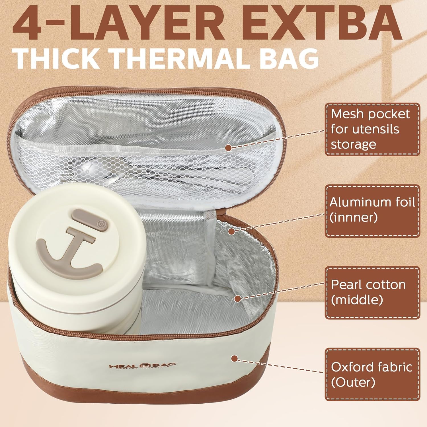 Dandat 4 Pcs Insulated Bento Box Portable Stainless Steel Food Container Round Stackable Leakproof Thermal Food Container for Adult Men Women with Insulated Bag, 74 oz(Beige)