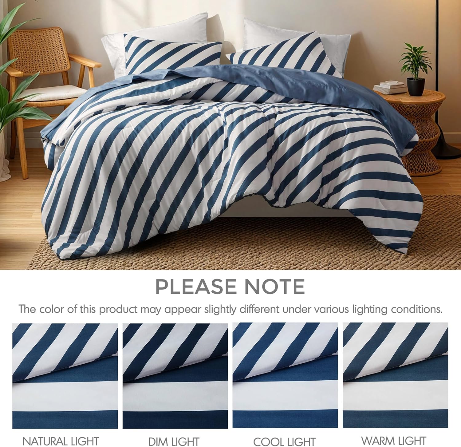 Reversible Striped King Comforter Set, Soft Microfiber Bedding Set with Double-Sided Stripes Design, Warm & Cozy for All-Seasons, 3-Piece Comforter and Shams Set King Size, Navy