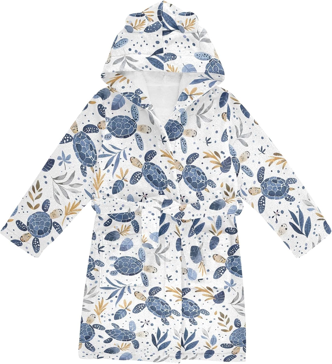 Sea Turtle Style Toddler Hooded Bathrobe for Boys Girls Soft Plush Bath Towel Robe 2-12 Years