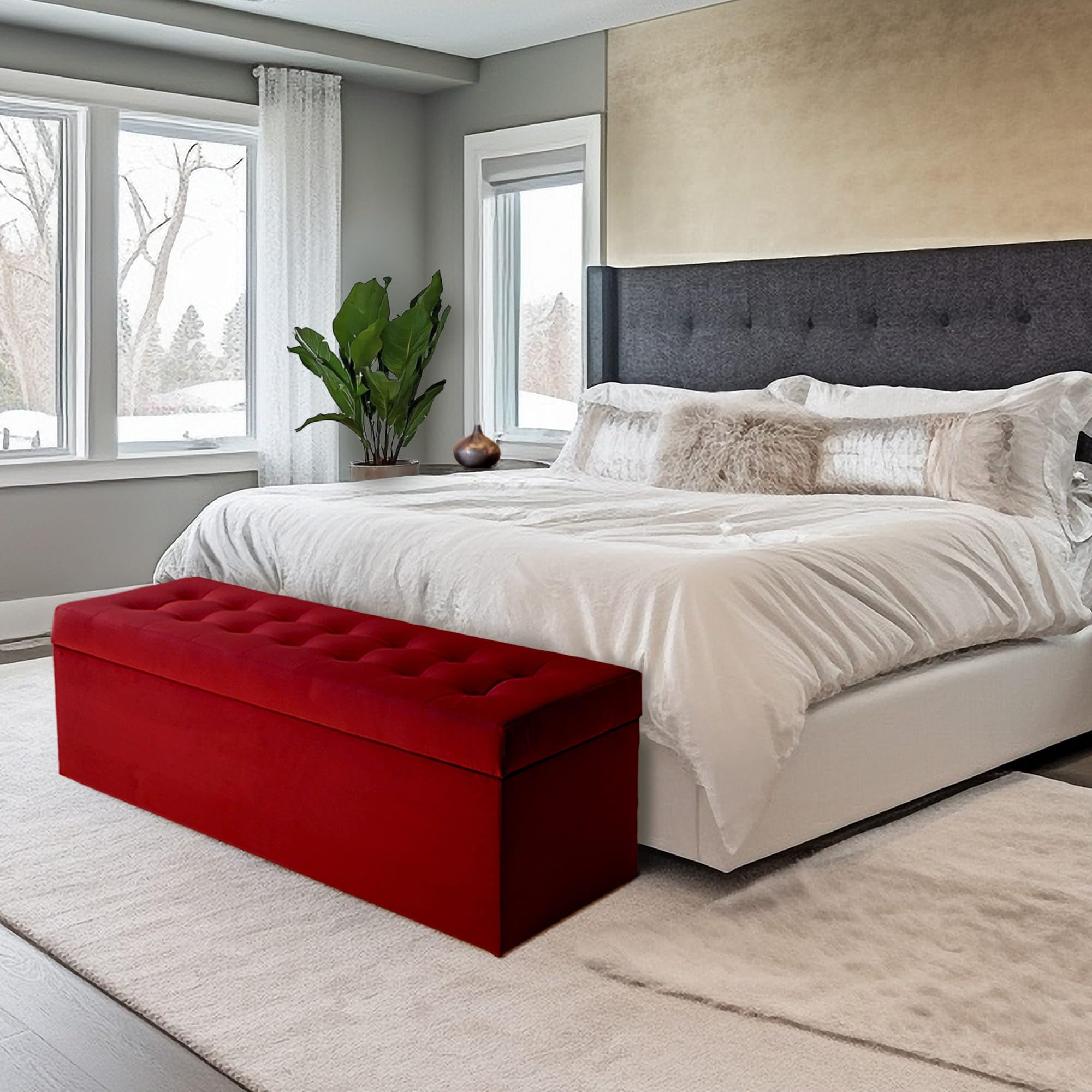 MG Design Polsterhocker 45 x 120 cm Rot mit großem Stauraum (ca. 140 L), bis 300 kg belastbar, weich mit dezentem Schimmer, pflegeleicht – Wohnbereich, Schlafraum & Flur