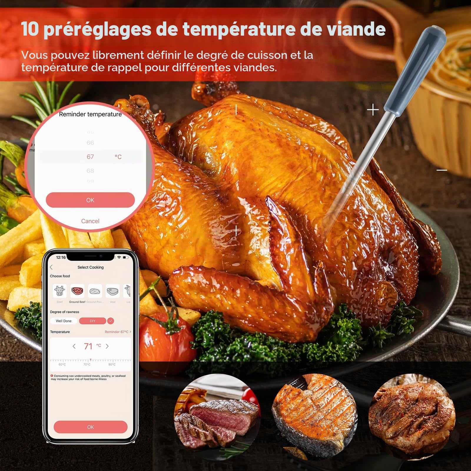 Zeerkeer Thermomètre de Barbecue Bluetooth Sans Fil Intelligent App Mobile Thermomètre à Viande Étanche Four Thermomètre Alimentaire