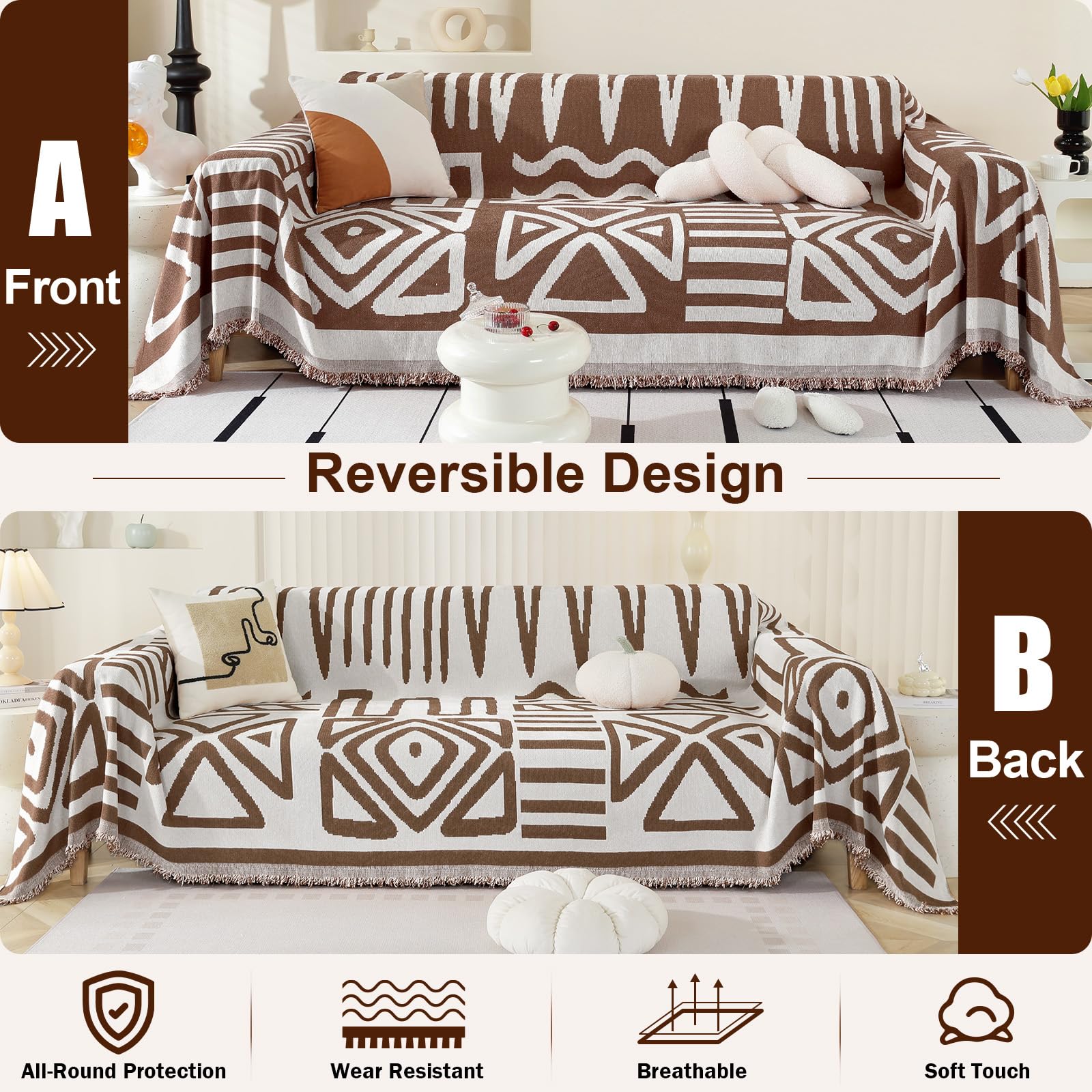 Boho Sofa Cover 3 Seater, Chenille Couch Cover for Corner Sofa Washable Sofa Slipcover - Image 2