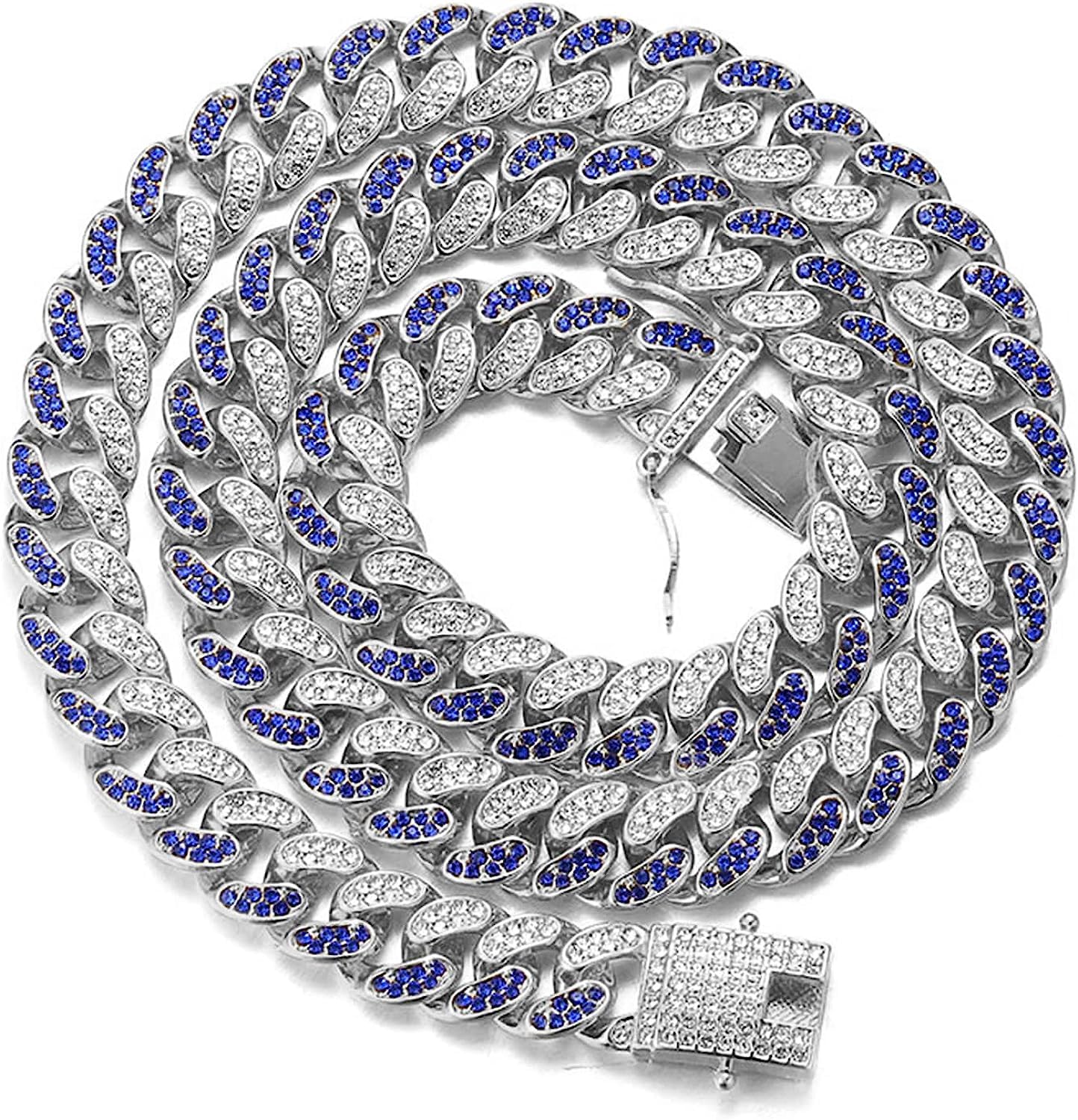 Divine_Creation 20 Ct Round Cut Diamond & Blue Sapphire Woman's Miami Cuban Link Chain Necklace 14k White Gold Finish