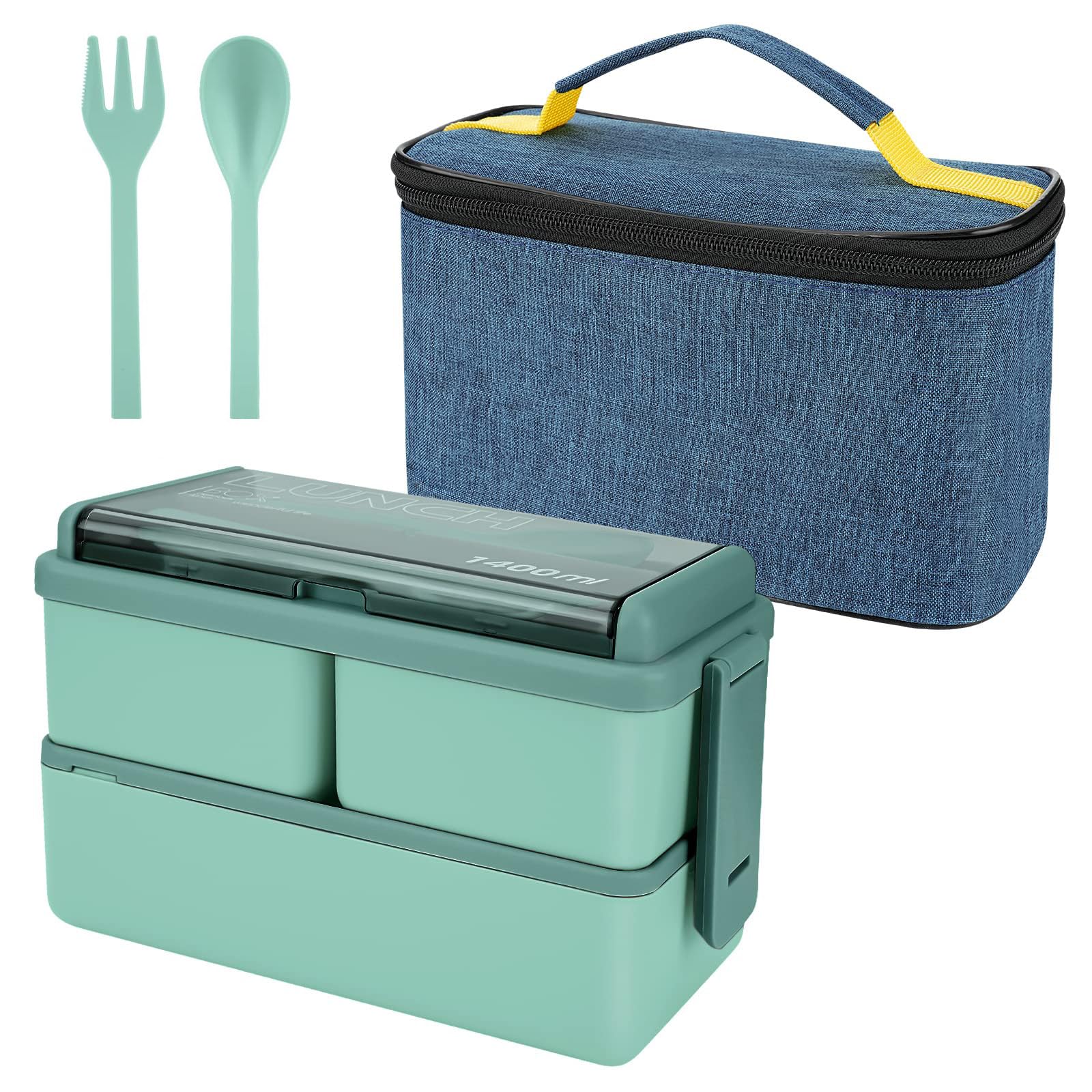 HREDZEO Bento Lunch Box Stackable,1400ml Lunch Box with with Spoon Fork and Stackable 2 Layer 3 Compartments Leak Proof Japanese Lunch Box for Adults Kids,Container Meal Prep Containe with Cutlery