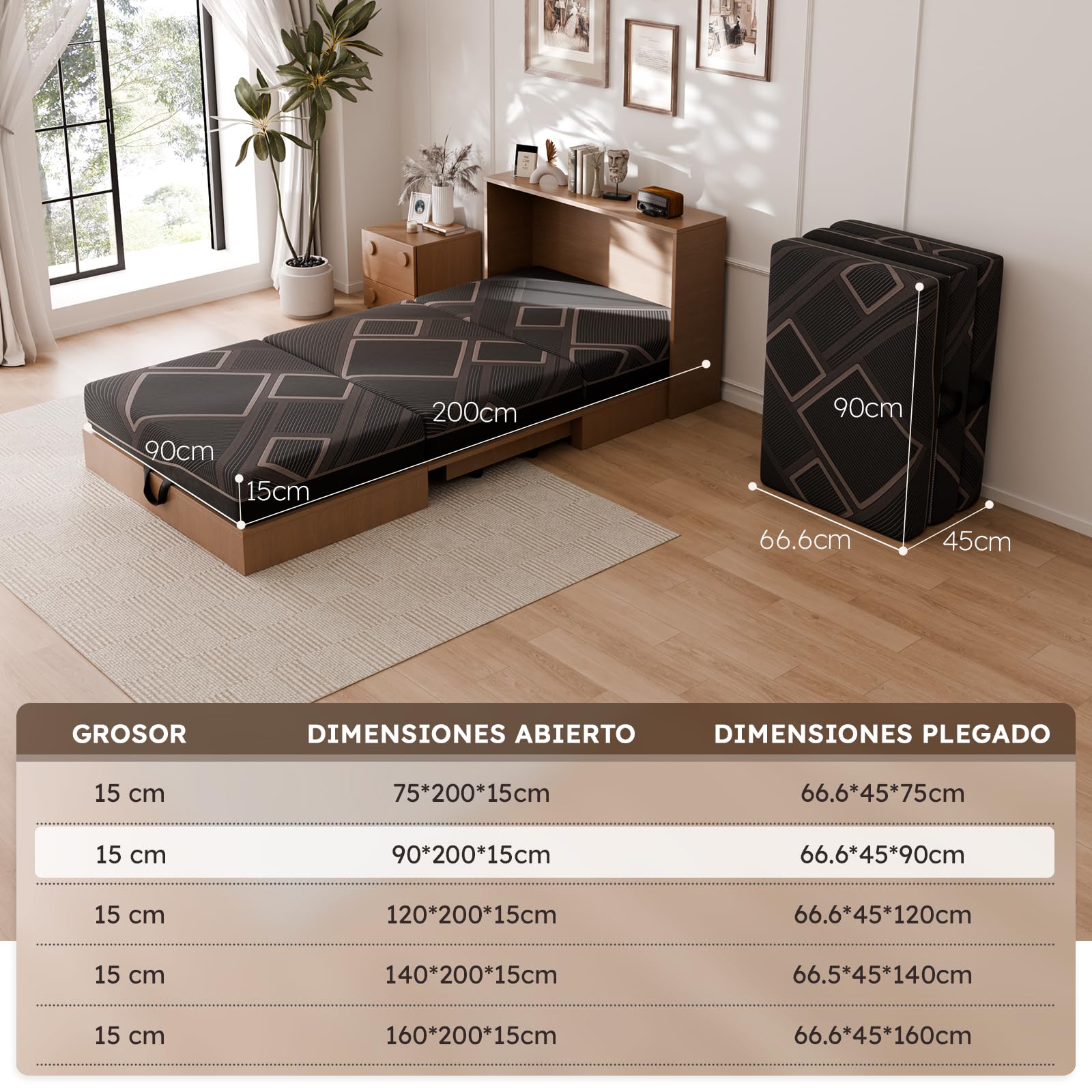 Vamcheer Colchón Plegable de 90 x 200 cm, 15 cm de Grosor, 3 Piezas, Plegable, Cama de Invitados, Funda Lavable, Cama de Invitados Plegable para Viajes y casa (90x200x15 CM)