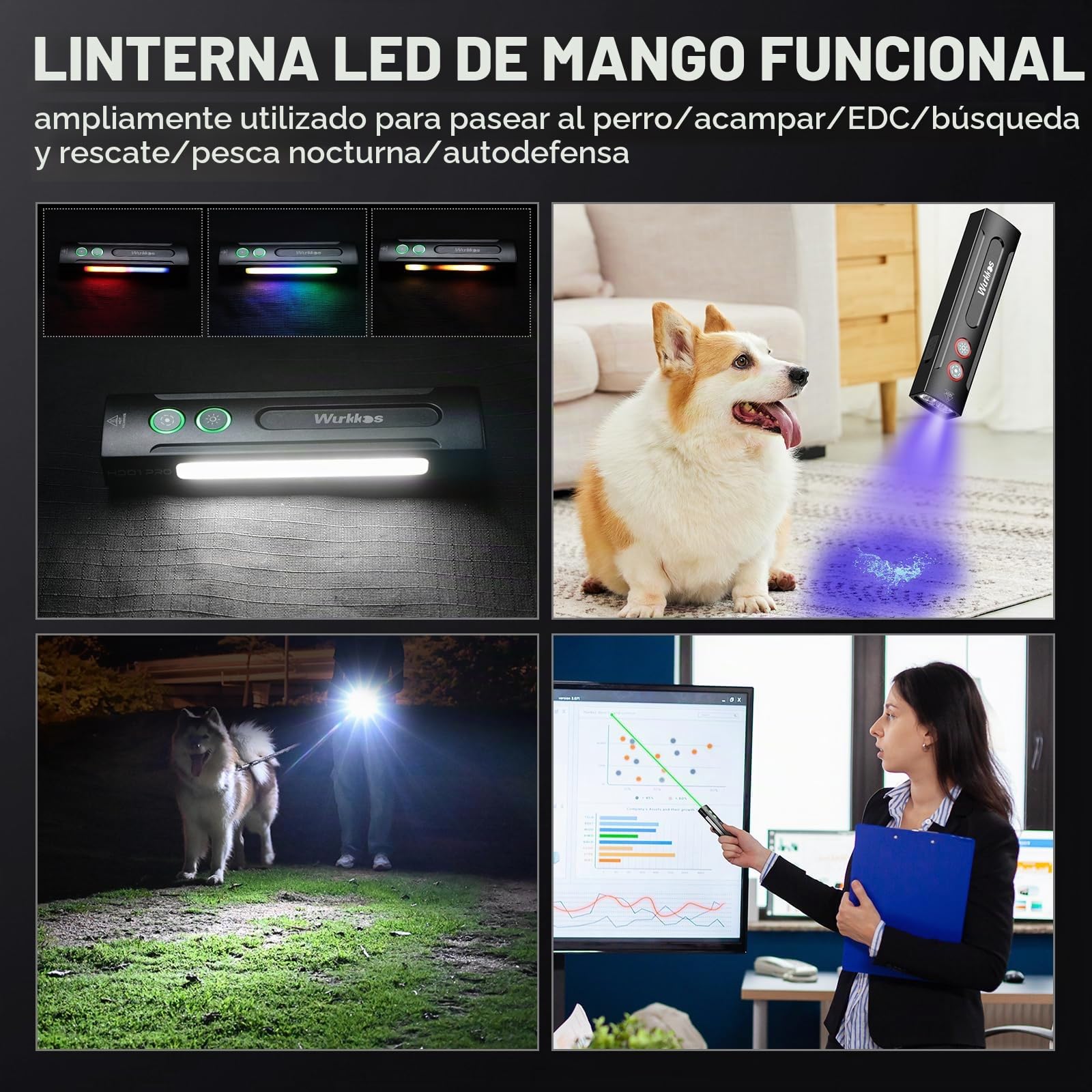 Wurkkos HD01 PRO Linterna LED Recargable Alta Potencia 1200 Lúmenes, Linterna LED/UV 2 en 1con Luz blanca Luz Verde, RGB, Mini Portátil Linterna Potente para Ciclismo, Camping, Montañismo, Emergencia