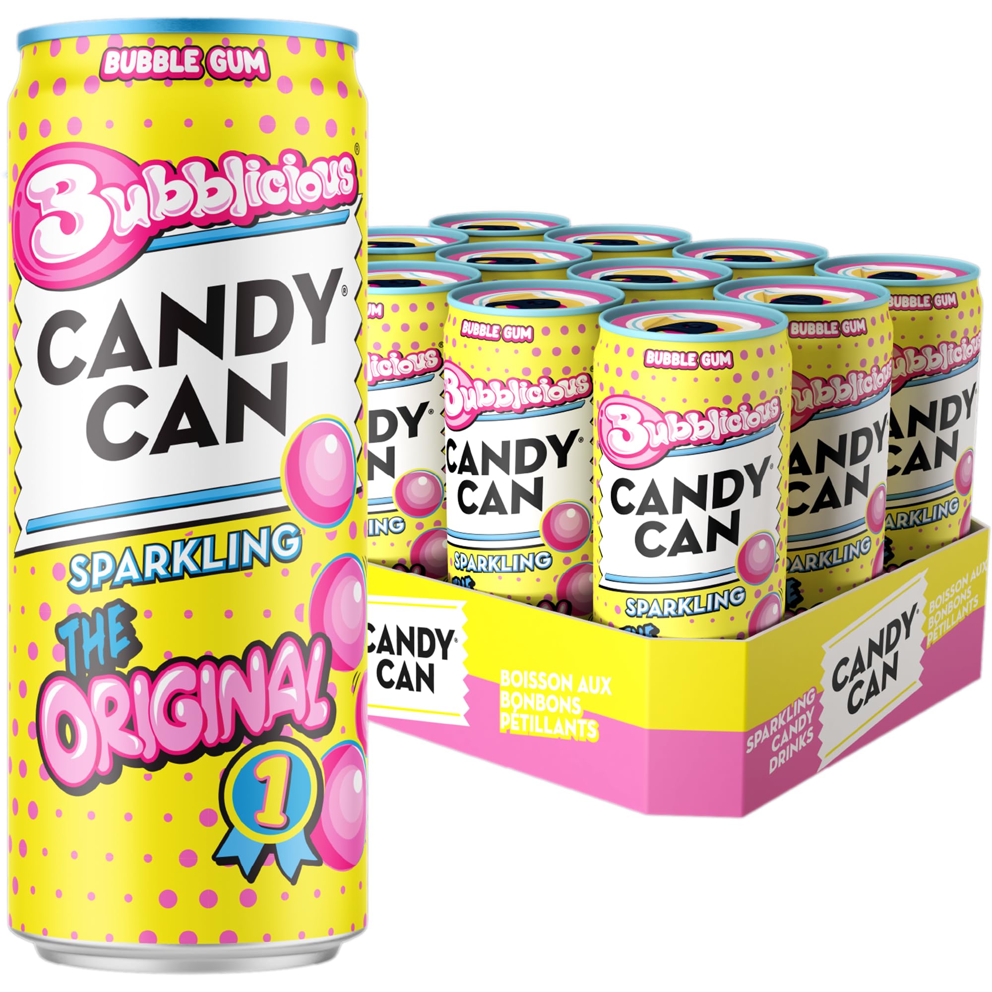 Candy Can Bubblicious Bubble Gum Fizzy Drink, (12 x 330ml Cans), Low Calorie Sparkling Soda with Nostalgic Bubble Gum Flavour, No Added Sugar, Vegan, Gluten Free
