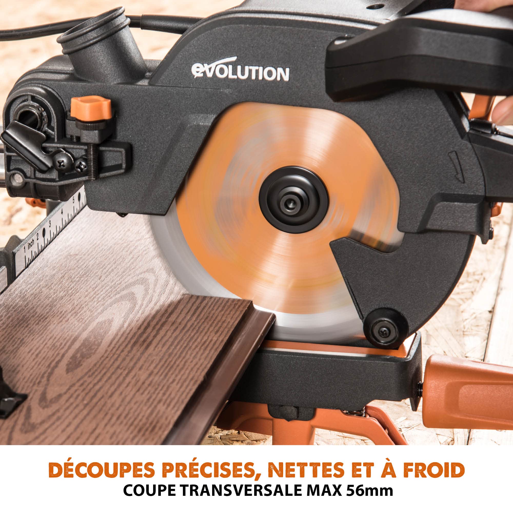 Evolution 047-0003A (R185SMS+) Scie à onglet avec coupe universelle 45°, guide laser à onglet 50° avec lame universelle, noir