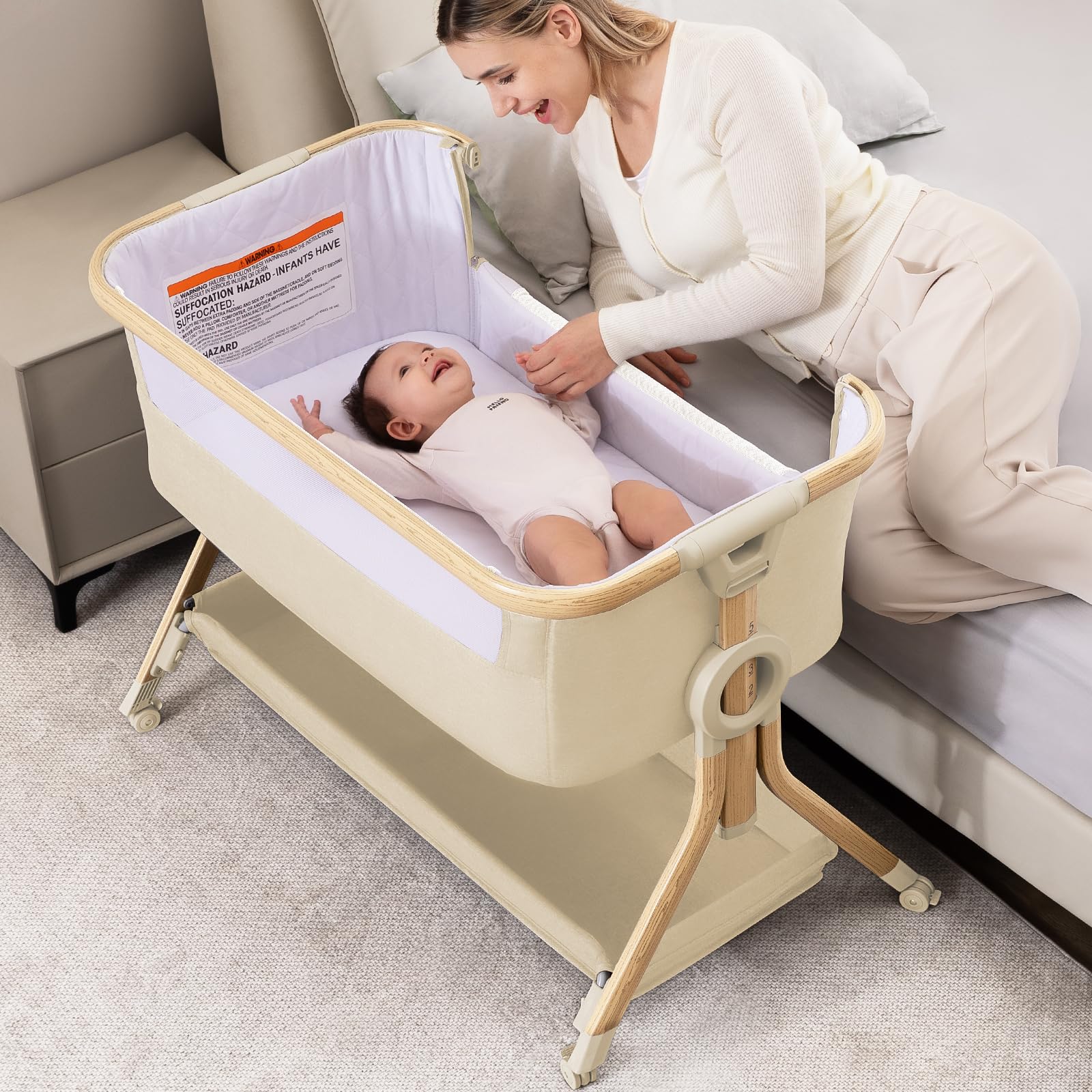 Larex Cuna Colecho para Bebé bassinet para recién nacido y bebé con mosquitera, bolsa y cesta de almacenamiento, 5 alturas ajustables,4 Ruedas con Freno, colchón transpirable y paredes de malla(Caqui)