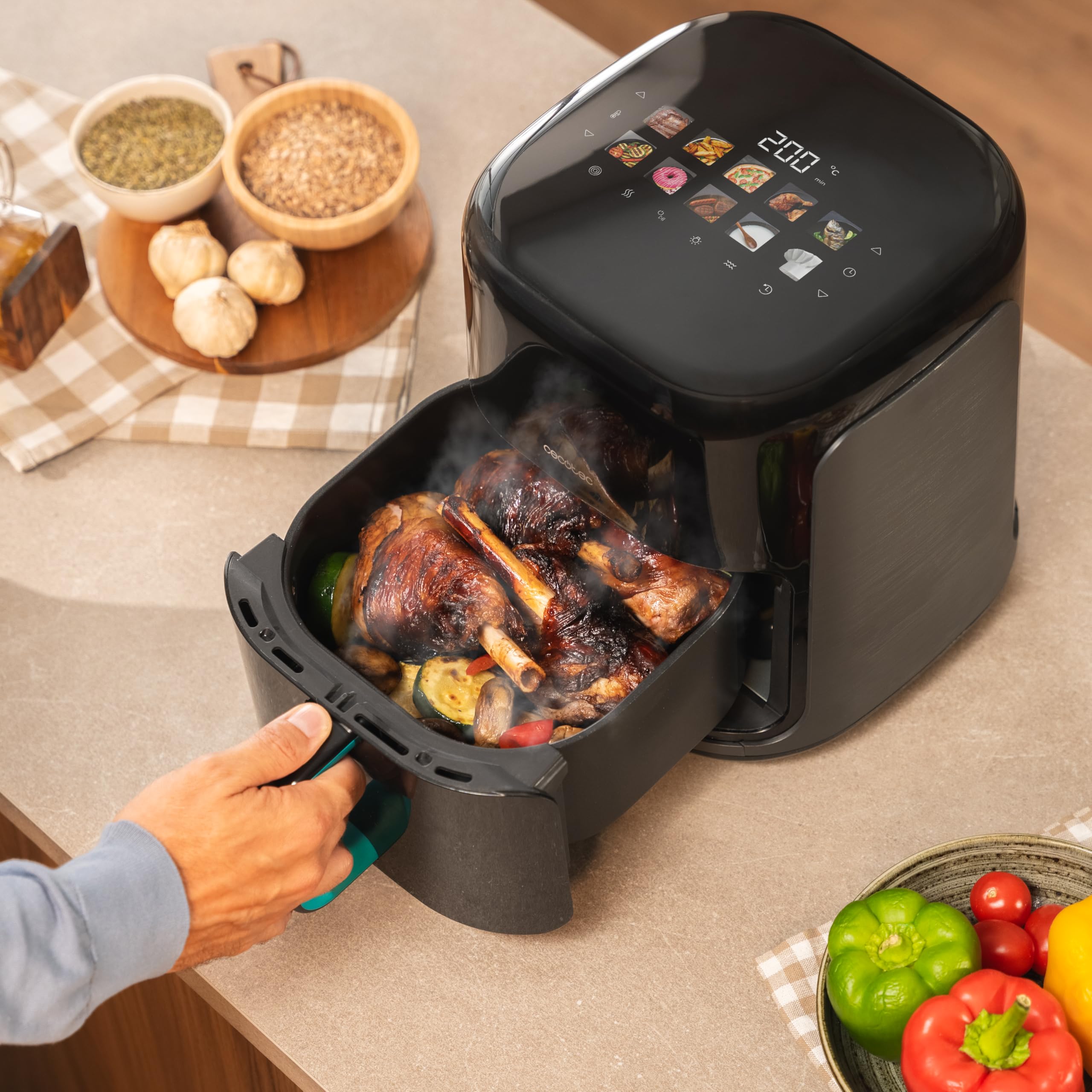 Cecotec Freidora de Aire sin Aceite 6,5L Plancha Grill con 4 Resistencias Ahumador Integrado Air Fryer Cecofry&Grill Smokin'Prime 6500. 2200W, Pared Divisoria Móvil, 40-20ºC, 10 Menús