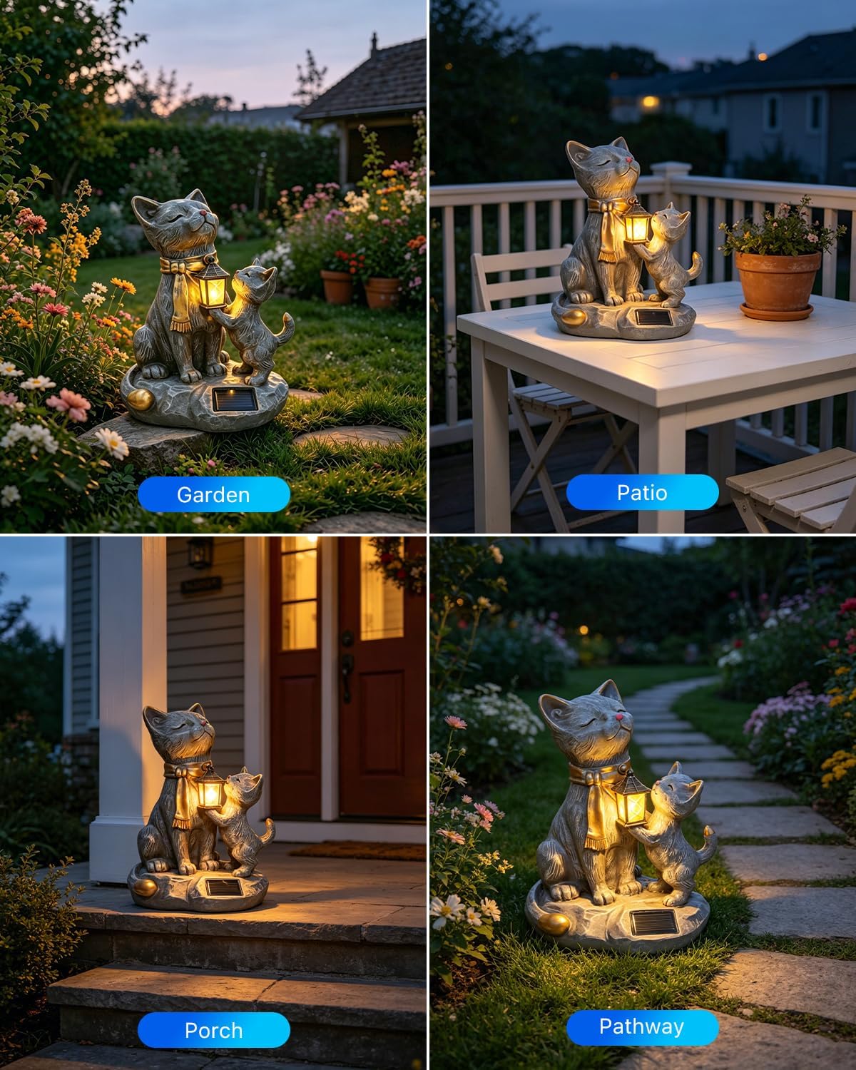 Solar Cat Resin Garden Statues Outdoor Lights with LED Lanterns Waterproof Animal Figurine Outside Decorations for Yard, Patio, Porch, Balcony Ornaments Unique Gardening Gifts for Mom, Grandma, Women