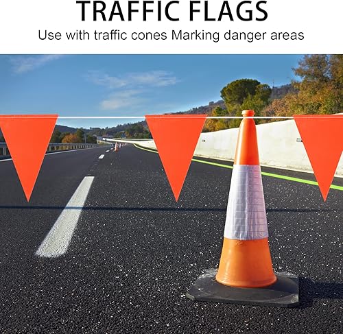 Miniatura 5 de Banderines de seguridad, banderas triangulares de marcado en cuerda, 100 pies 7 x 10 pulgadas, naranja, 45 banderines