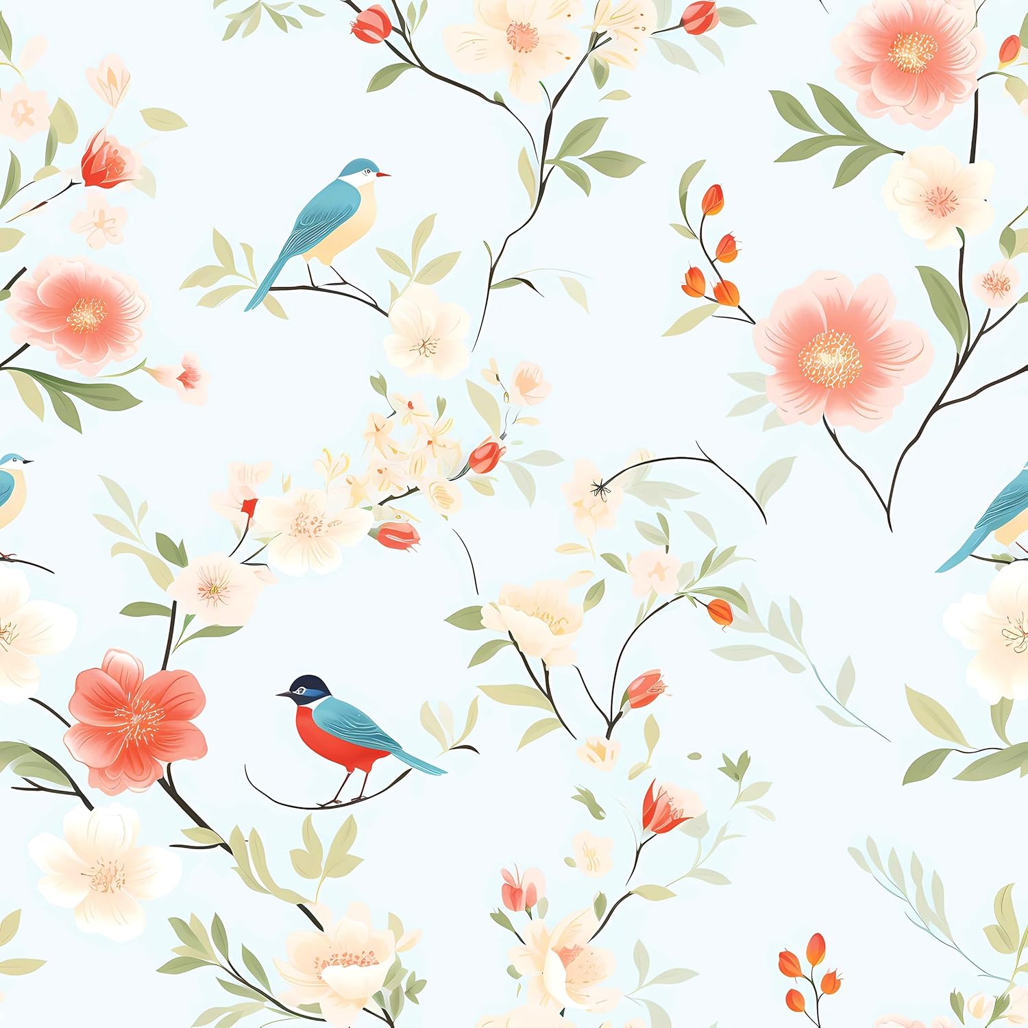 Blue Bird Floral Wallpaper Stick and Peel Vintage Floral Contact Paper for Cabinets Living Room 17.7"x160" Removable Self Adhesive Bird Contact Paper Light Blue Flower Wall Mural for Bedroom