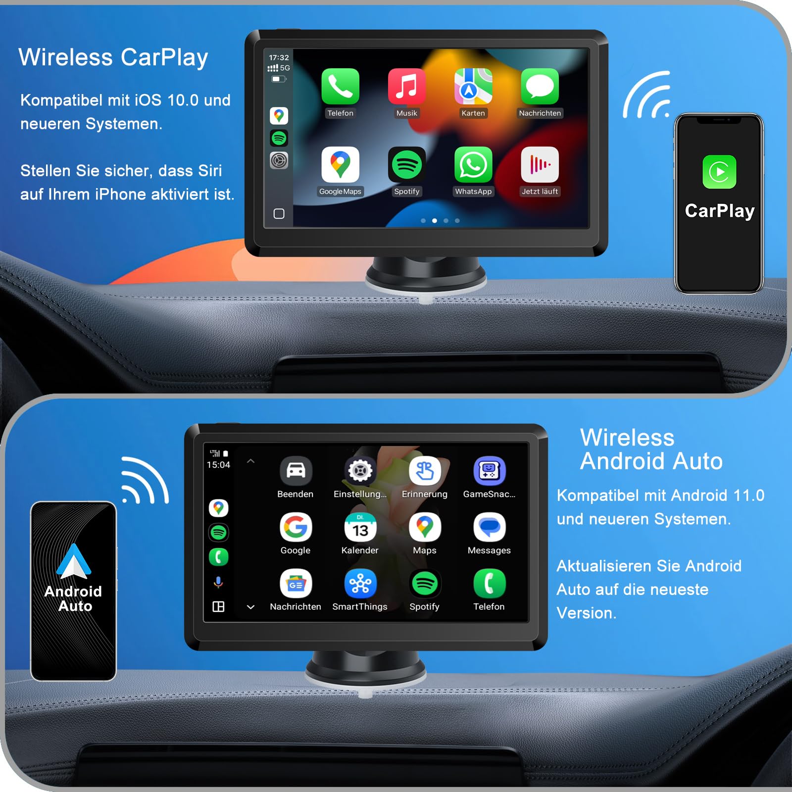 Wireless CarPlay Display, Tragbare Autoradio mit Android Auto,Touchscreen Bildschirm, MirrorLink, Sprachsteuerung, Bluetooth Freisprechen, GPS Navigation, FM, AUX für Auto PKW LKW Wohnmobil