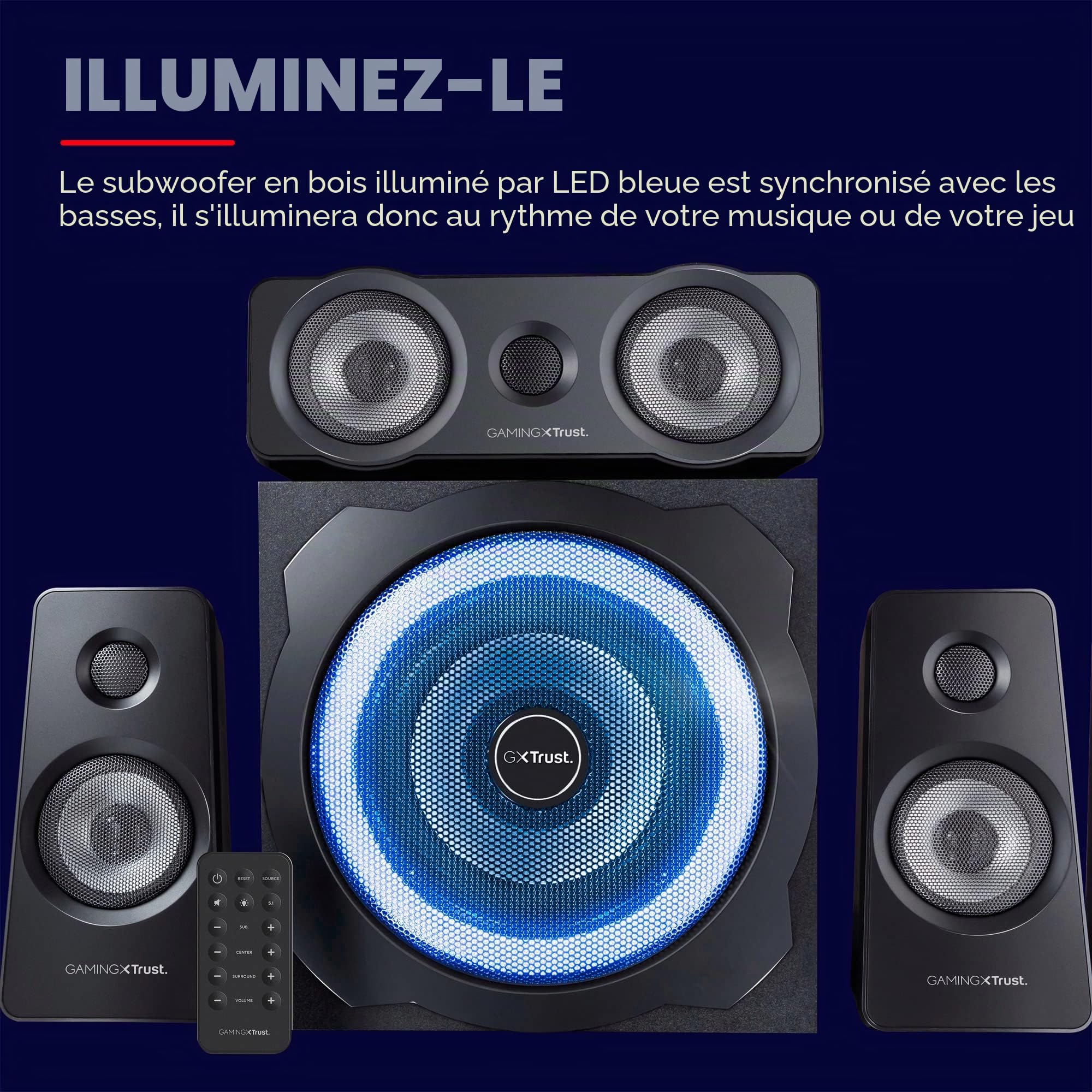 Trust Gaming GXT 658 Tytan Enceinte PC Gamer 5.1 180W Caisson de Basses LED Télécommande sans Fil Noir/Bleu
