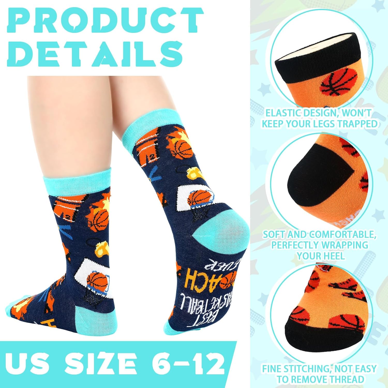 6 Pairs Basketball Socks Gift for Basketball Lover Coach Men Women Teen Coach Appreciation Gift Thank You Gifts for Christmas Ball Fans Gifts - Image 2