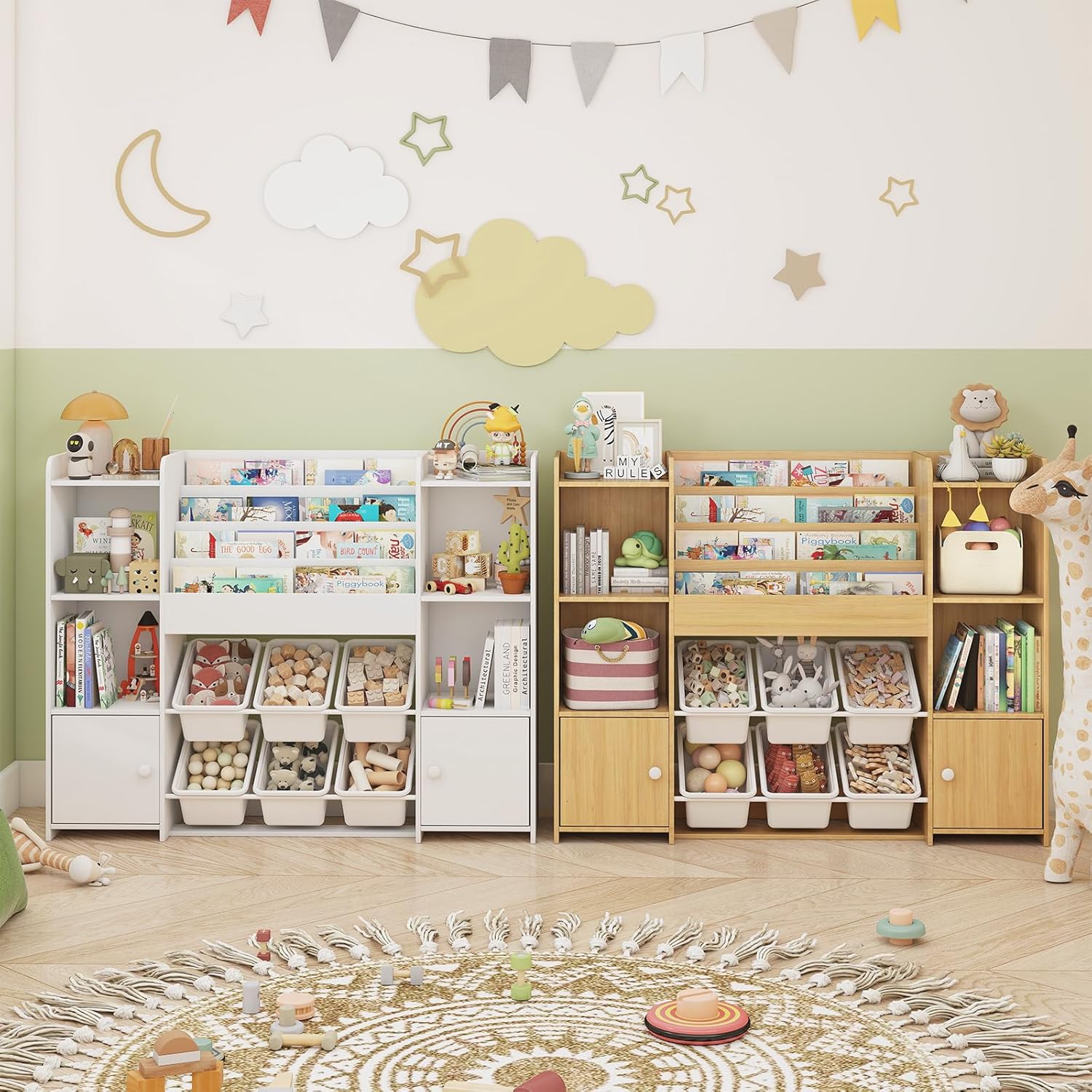 Toy Storage Organizer and Kids Bookshelf with 6 Toy Bins, Wooden Toy Organizers and Storage with 6 Cabinets for Living Room, Kids Room, Playroom, Nursery and Kindergarten - Image 7