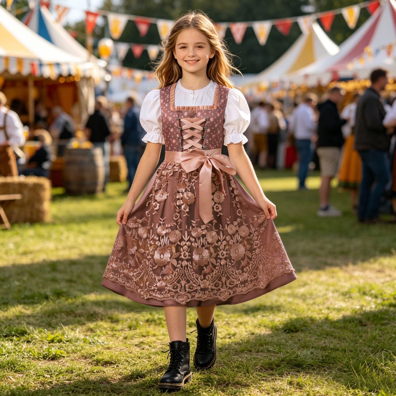 Oktoberfest dziecięcy strój Dirndl, dla dziewcząt, żółty, z bluzką i koronkowym fartuchem, 3-częściowy, moda ludowa, średniowieczna, zestaw ubrań ludowych, sukienka w kwiaty, sukienka dla dziewcząt