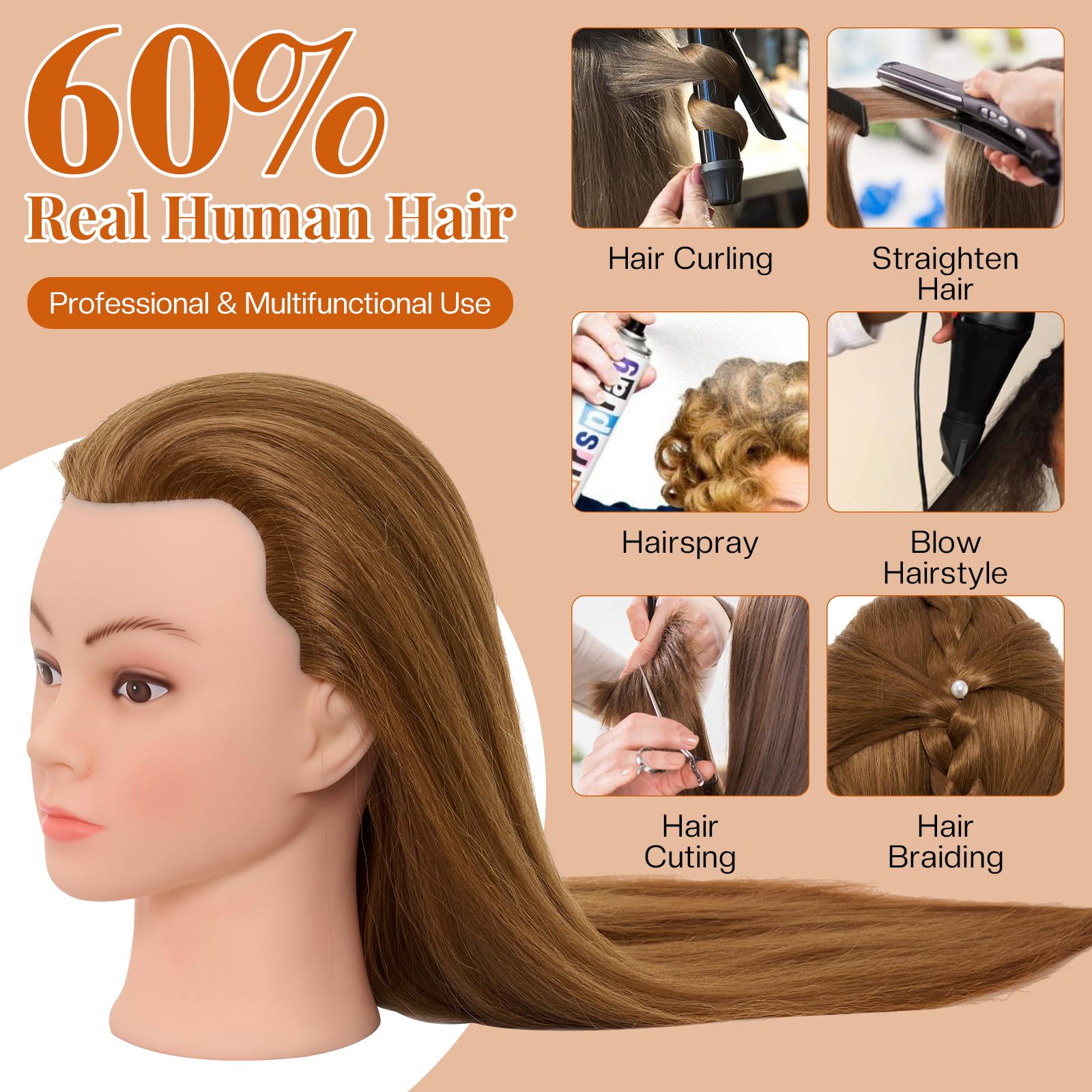 Neverland 71 cm Testa per Parrucchieri con Supporto, 60% Capelli Veri, Morsetto da Tavolo, Accessori (Oro)