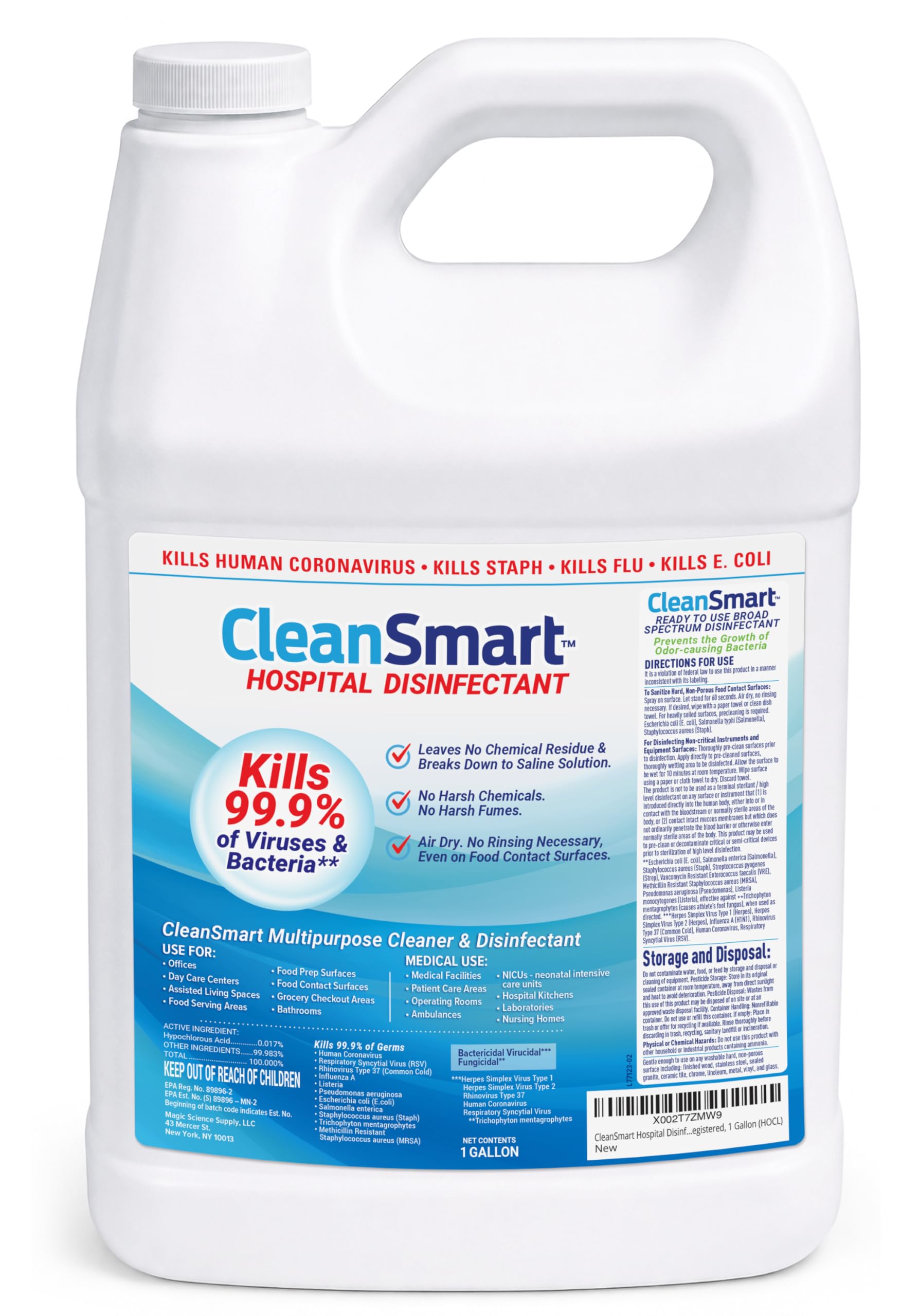 CleanSmart Hospital Disinfectant, Hypochlorous Acid Technology, 1 Gallon | Kills 99.9% of Viruses and Bacteria, EPA Registered, Professional Strength Sanitizer for Businesses, Schools, and Restaurants