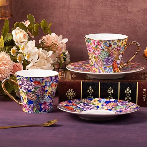 Miniatura 7 de KAMMAK Juego de 2 tazas de té y platillos, taza de café de porcelana con platillo para expreso, capuchino, taza de cerámica vintage de 7.5 onzas