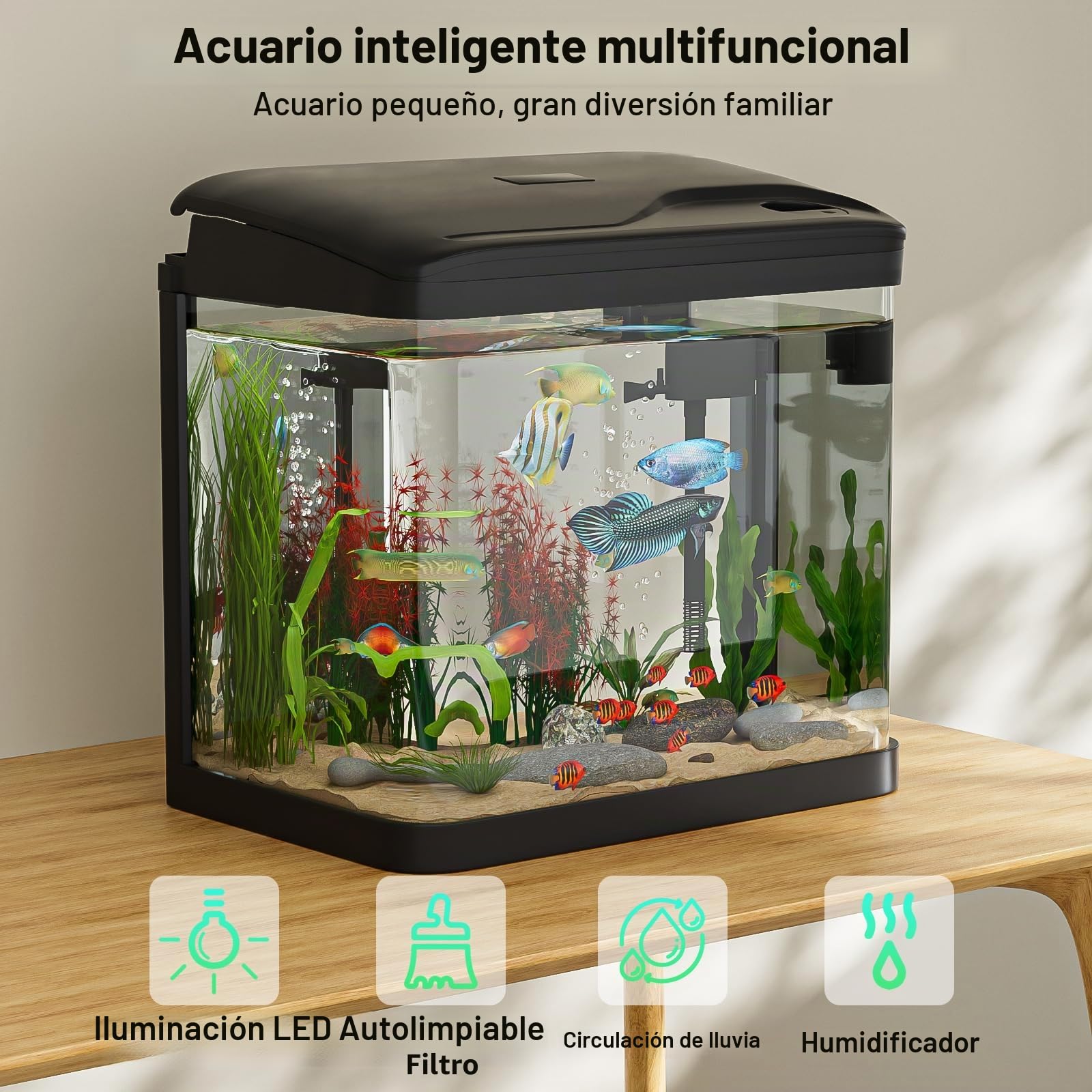 Acuario de Cristal, GuKKK Acuarios y Peceras Completas,Pecera con Sistema de Filtrado Integrado e Iluminación LED,Bajo Ruido y Silencioso,Acuarios de Iniciación, Negro (15L-2)