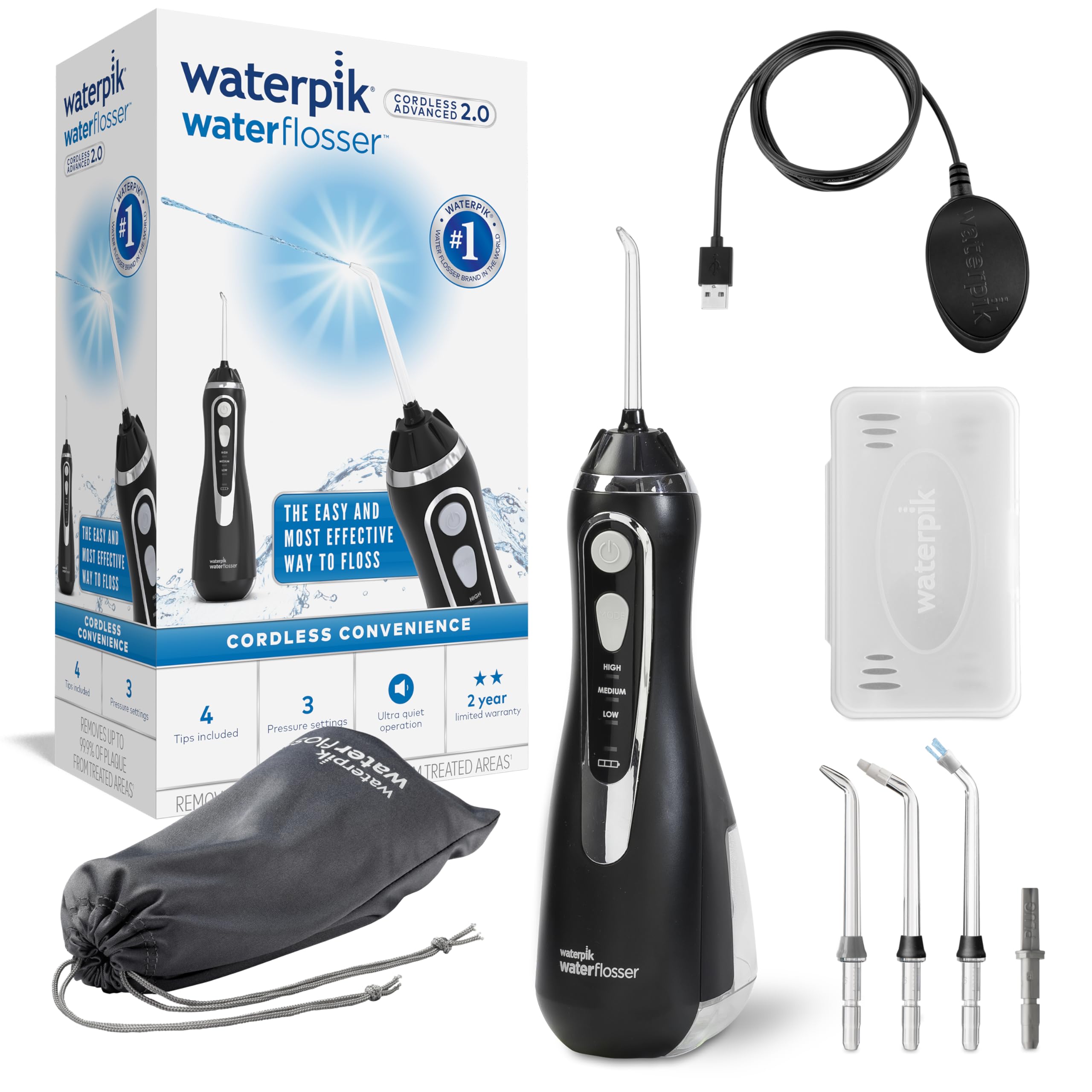Waterpik - Irrigador dental inalámbrico avanzado con 3 ajustes de presión, herramienta de extracción de placa dental, ideal para viajes o baños pequeños con cargador USB, color negro (WP-582UK)