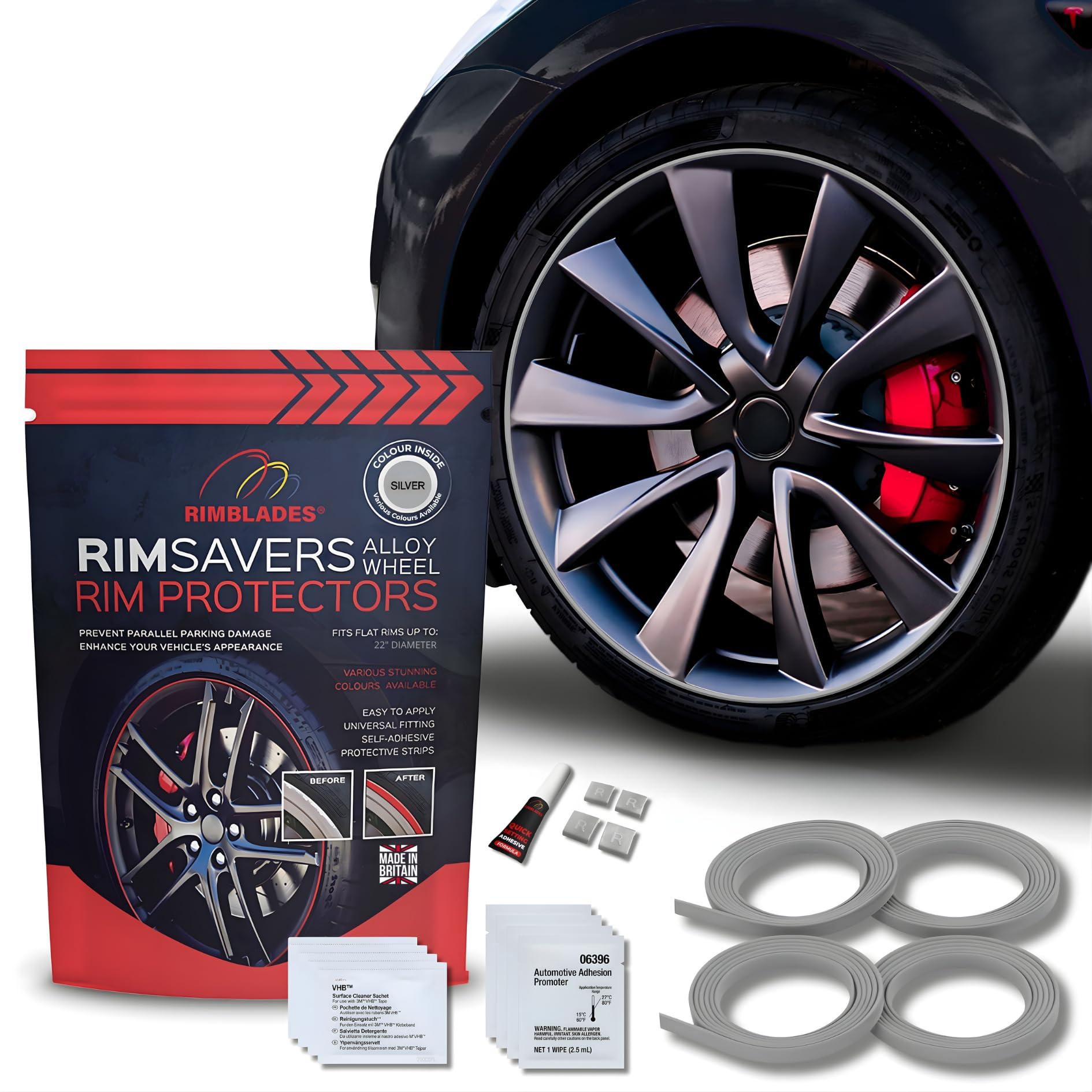 Rimsavers Protezione Cerch in Lega argento – Per Cerchi Fino a 24” x 4 | Per Cerchi con Bordo Piatto | 3 Colori | Installazione Fare da sé | Accessorio Esterno per Auto