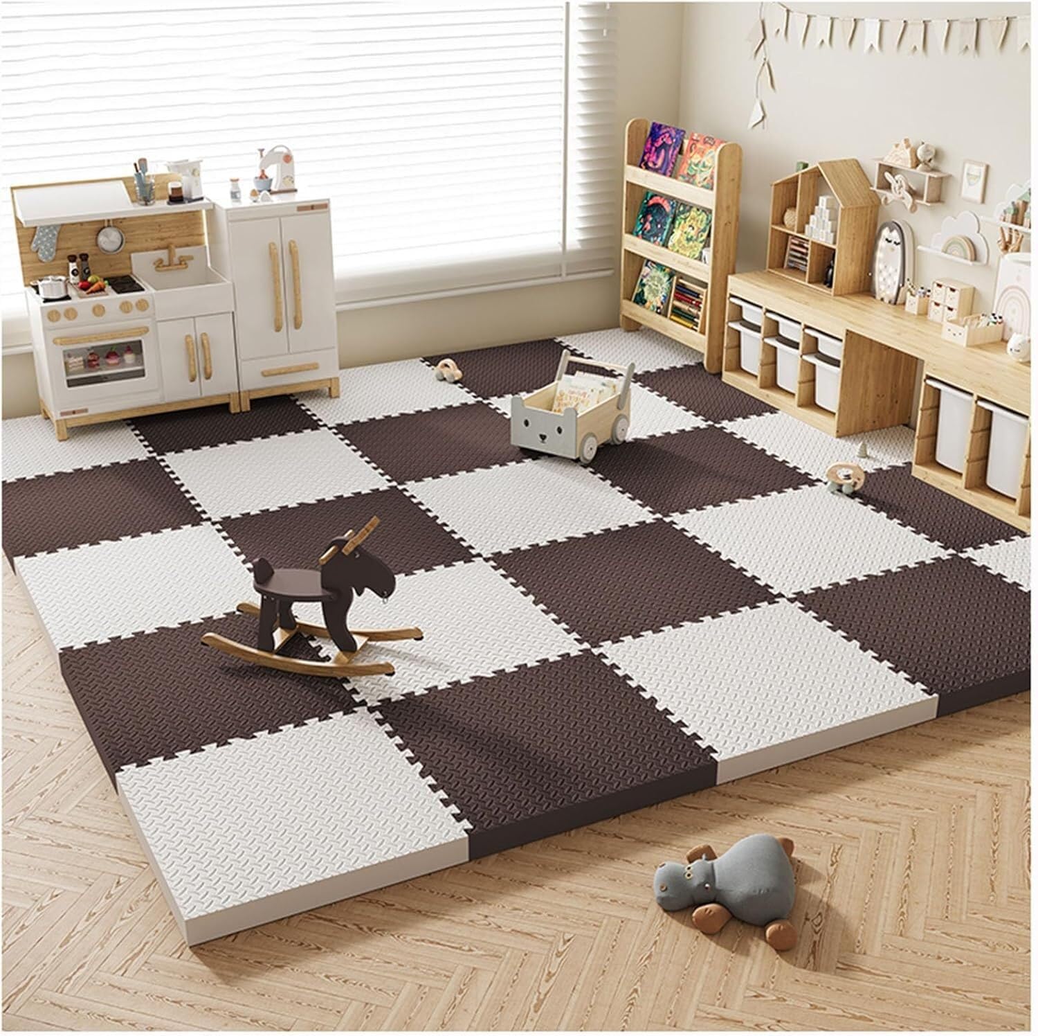 LoiYtrd Foam Floor Interlocking Foam Tiles 30x30cm Square Soft Foam Play Mat 1" Thick Puzzle Exercise Mat(White+Coffee,16PCS)