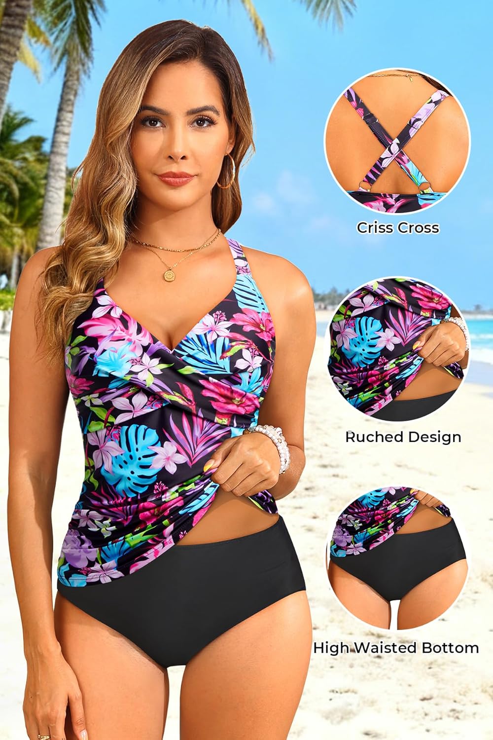 Tempt Me Women Tummy Control Tankini Swimsuit - Ruched Two Piece Bathing Suits Underwire V Neck Swimwear with Bottom 2026 - Image 4