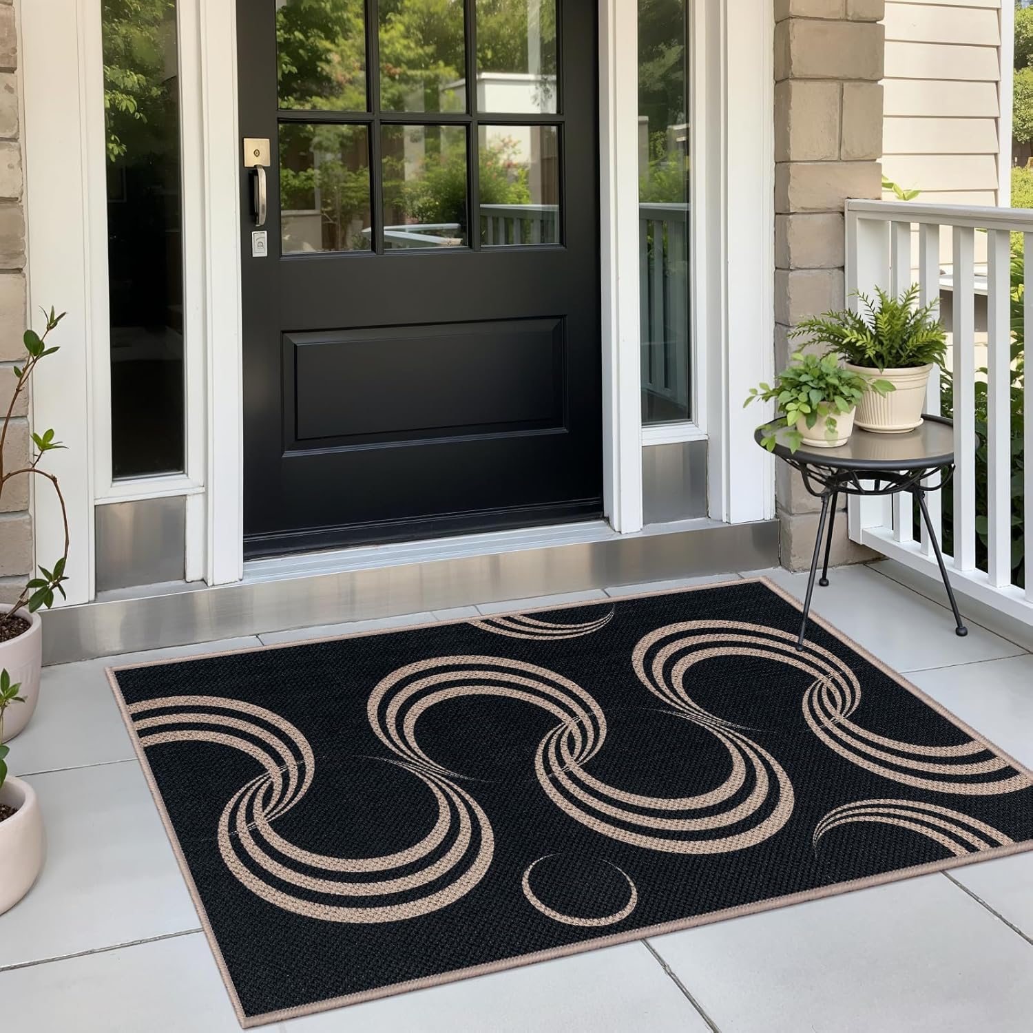 Tangsoo Easy Jute Rug for Entryway,2x3 Outdoor Washable Thin Rug Non-Slip Black Geometric Indoor Entry Mat Small Throw Carpet for Kitchen Bedroom Front Porch Doorway