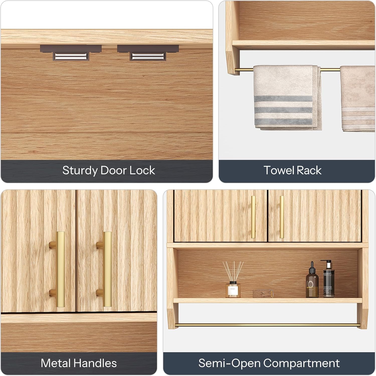 HOOBRO Fluted Bathroom Wall Cabinet, Farmhouse Medicine Cabinet with 2 Fluted Doors, Wall Storage Shelf with Towel Rack, Adjustable Shelf, for Small Spaces, Bathroom, Kitchen, Natural