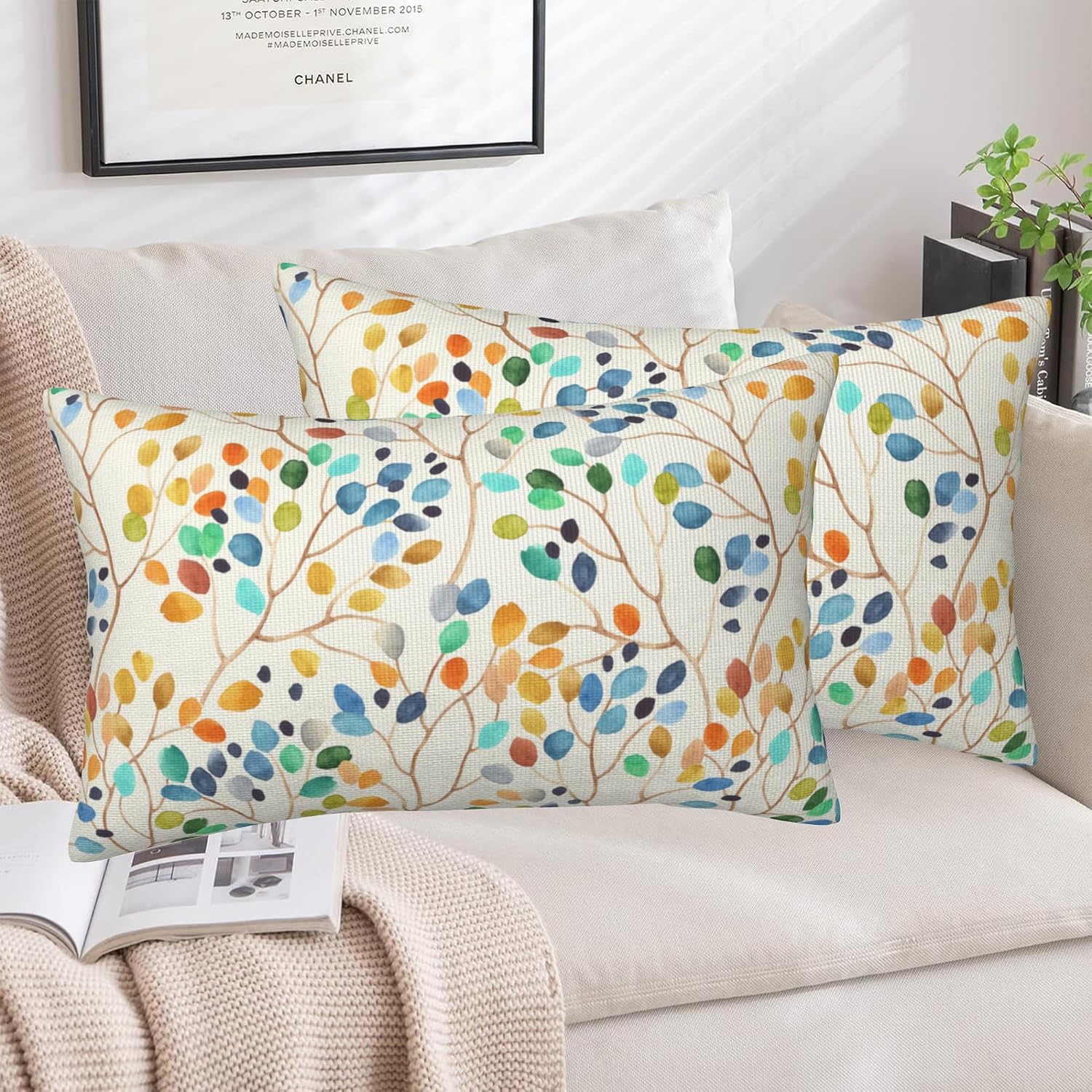 Throw Pillow Covers Colorful Leaves Spots Pillow Covers 20x12 Inch Set of 2 Boho Floral Throw Pillows Decorative Pillow Cases Cushion Covers for Bedroom Livingroom Sofa Farm House image 5