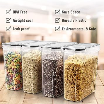 Wildone Cereal & Dry Food Storage Containers, Airtight Cereal Storage Containers Set of 8 [2.5L / 85.4oz] for Sugar, Flour, Snack, Baking Supplies, Leak-proof with Black Locking Lids
