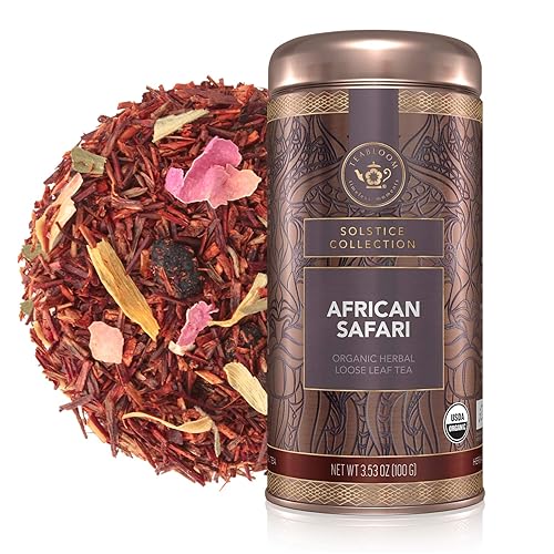 Teabloom Té de hierbas orgánico, té de hojas sueltas de safari africano, mezcla de rooibos dulces con sabores de bayas y vainilla, orgánico
