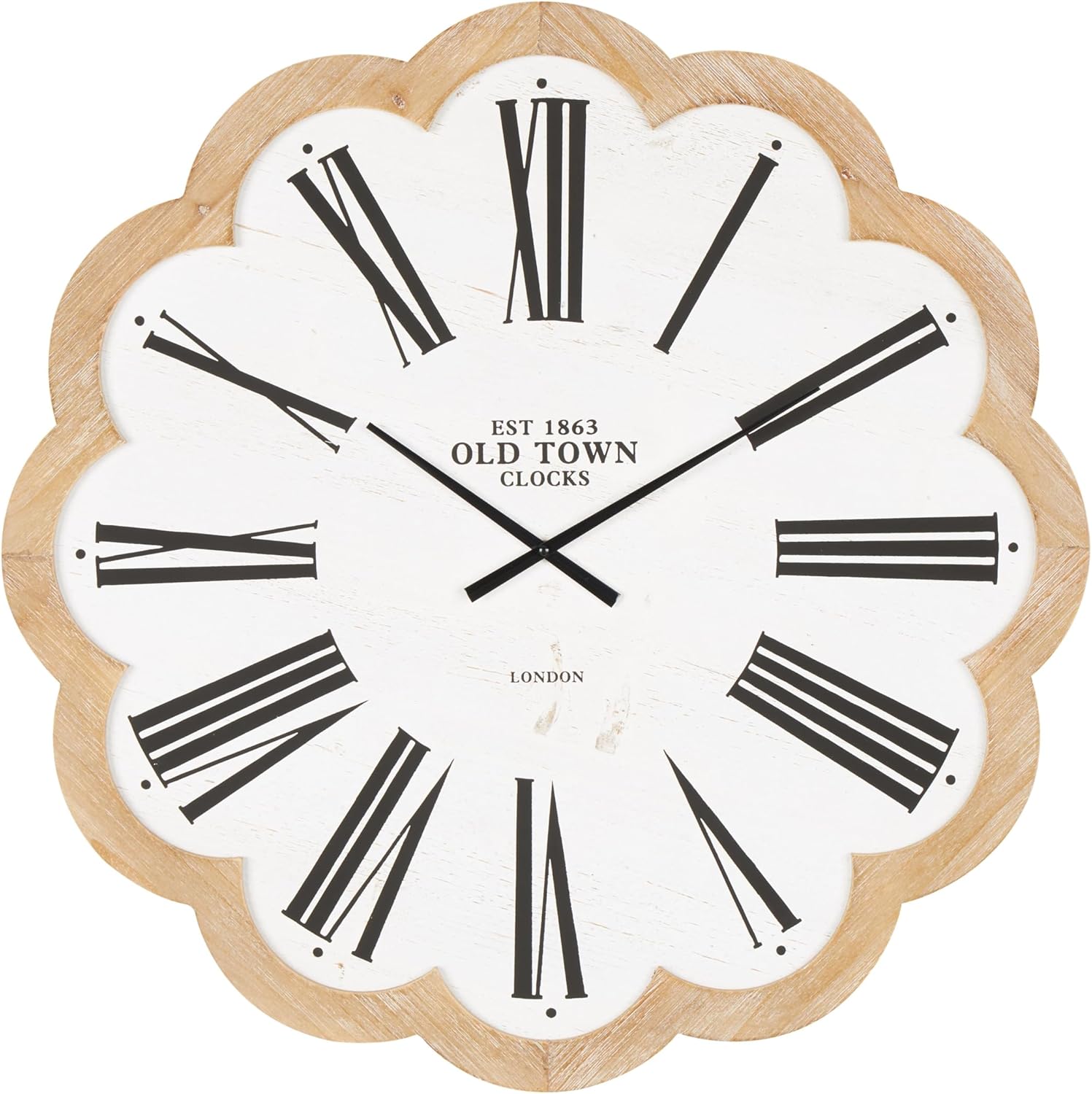 Deco 79 Wood Decorative Wall Clock Floral Shaped Wall Clock for Home with Brown Scalloped Frame, Wall Clock for Room 33" x 1" x 33", White