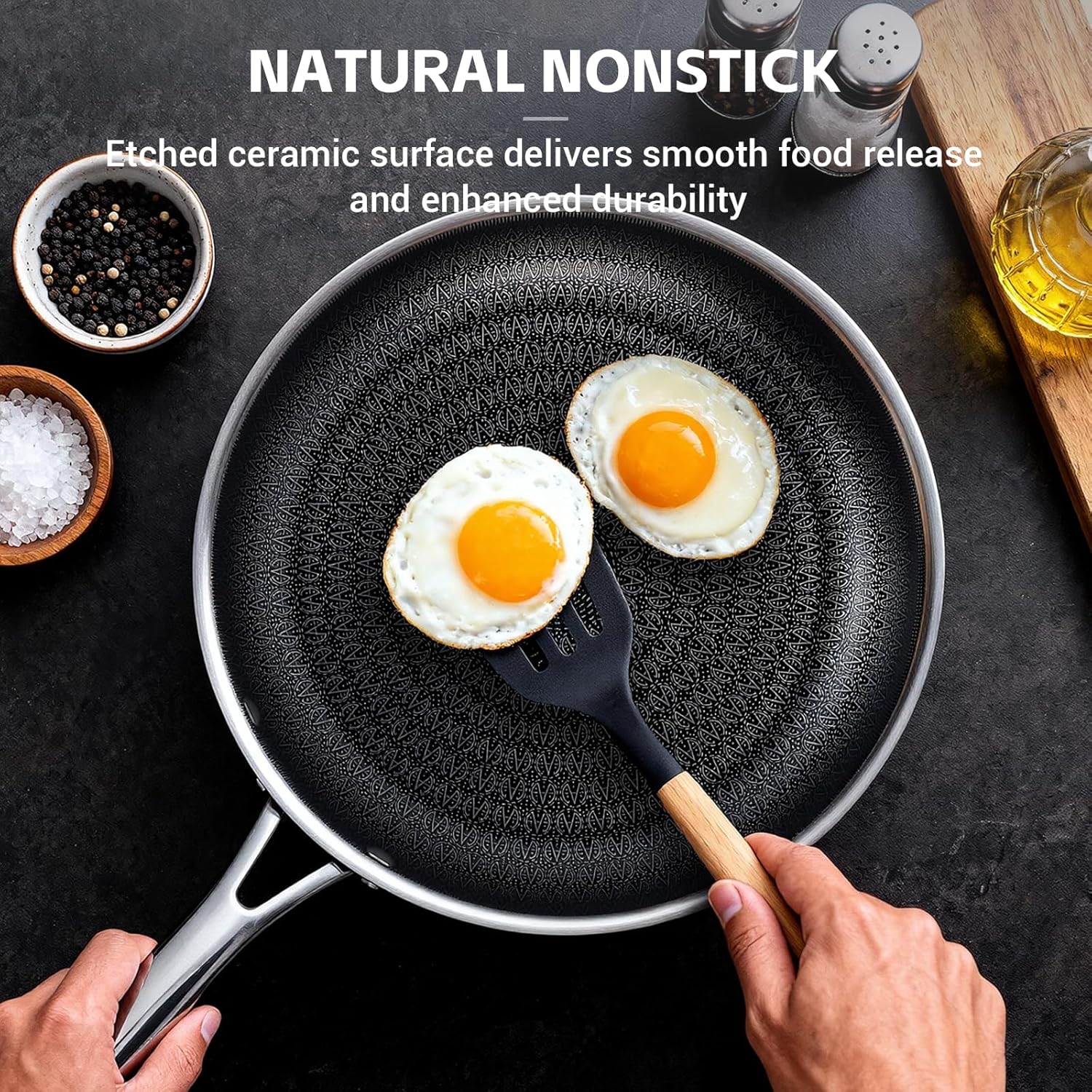 Ammeloo Tri-Ply Stainless Steel Frying Pan Set of 3, 8", 9.5", 11", Non Stick Frying Pans and Skillets, Non Toxic Hybrid Pan, Induction Compatible Cooking Pans, Chef Pan, Black Interior - Image 3